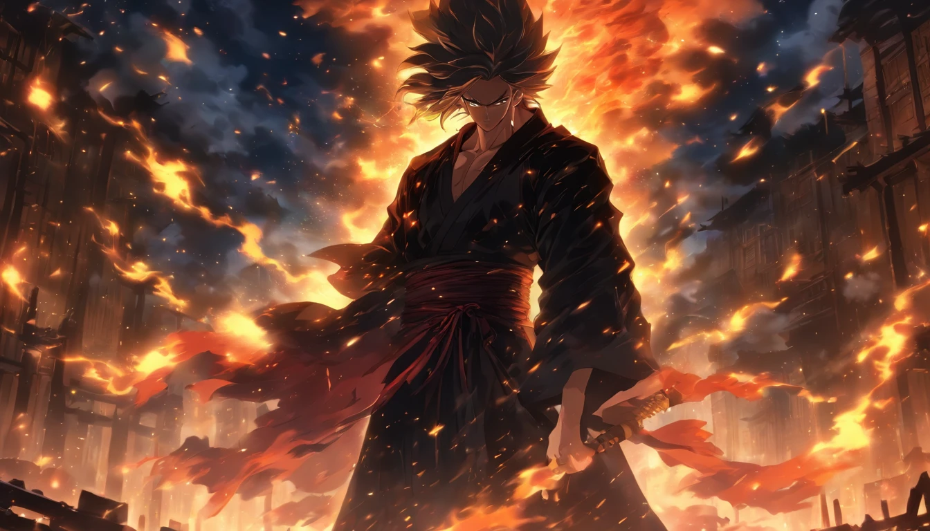 A man in a black robe, holding a sharp sword, standing in a desolate ruin, surrounded by broken buildings and burning flames, with a dark and stormy sky above, his cold and majestic gaze exuding an unbeatable power, ,in the style of the stars art group xing xing, 32k, best quality, masterpiece, super detail, high details