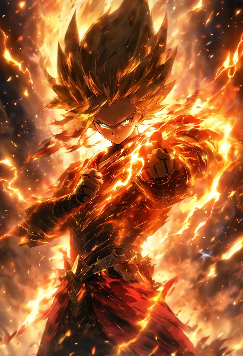 A handsome and decisive little boy, Armed with a glittering sword，It emits a cold light, Surrounded by fire and lightning particles. He wears black and red intersecting armor, It was like a bolt of lightning piercing the night sky., Majestic gestures and trampling on fiery flames. Flames surged around them, creating an opulent atmosphere. The image is in high definition，Capture the highlights of this epic battle.