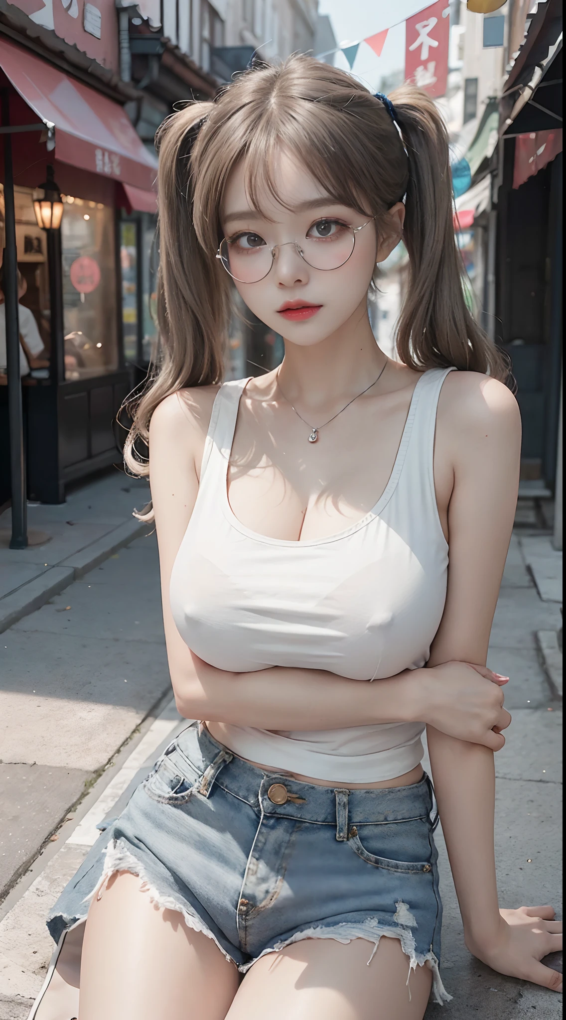 Top image quality、Raw photography、超A high resolution、18-year-old Korean、Glasses beauty、Colossal tits:1.5、cleavage of the breast:1.6、Healthy complexion、shiny white skin、((Hold twin tails))、((Light brown silver hair))、Beautiful eyes with random colors、very thin lips、beautiful eyes finely detailed、elongated eyes、pale pink blush、long eyeslashes、Beautiful double eyelids、eyeshadows、耳Nipple Ring、(Fashionable glasses、White tight tank top、denim short pants、Beautiful legs、Attractive thighs)、street snap、moderate leg thickness、Shot with emphasis on the legs、is standing、Photograph the whole body、Emphasize cleavage