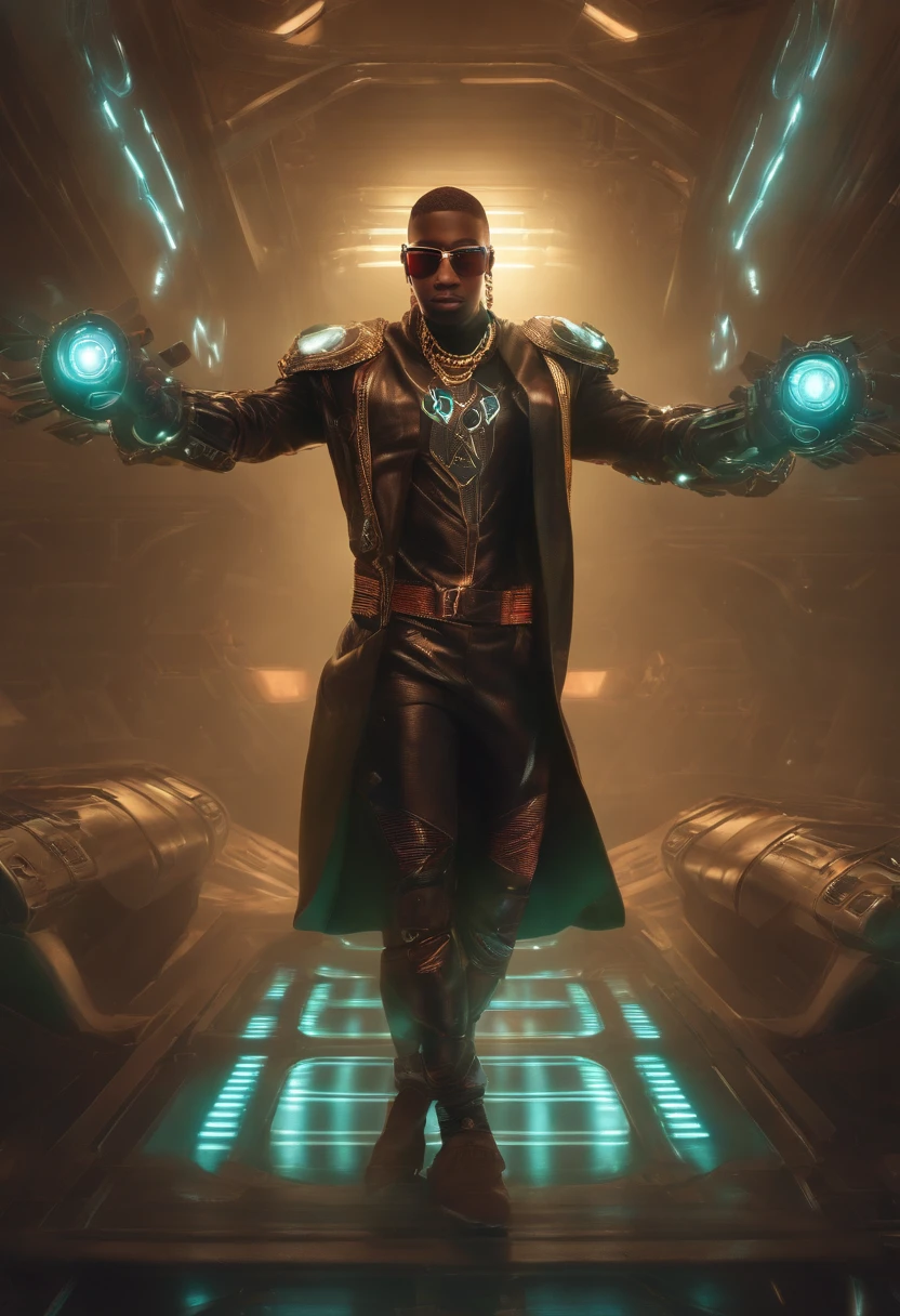 savage boy. Anthropomorphic beautiful - looking cyborg boy. Detailed visualization hip-hop, sci-fi ship crew, in mid-air gangsta West Coast hip-hop stance, intense dancing moving choreography, gang signs, representing space gang flashy corridoor light show bright rbg lights insane incarnate details