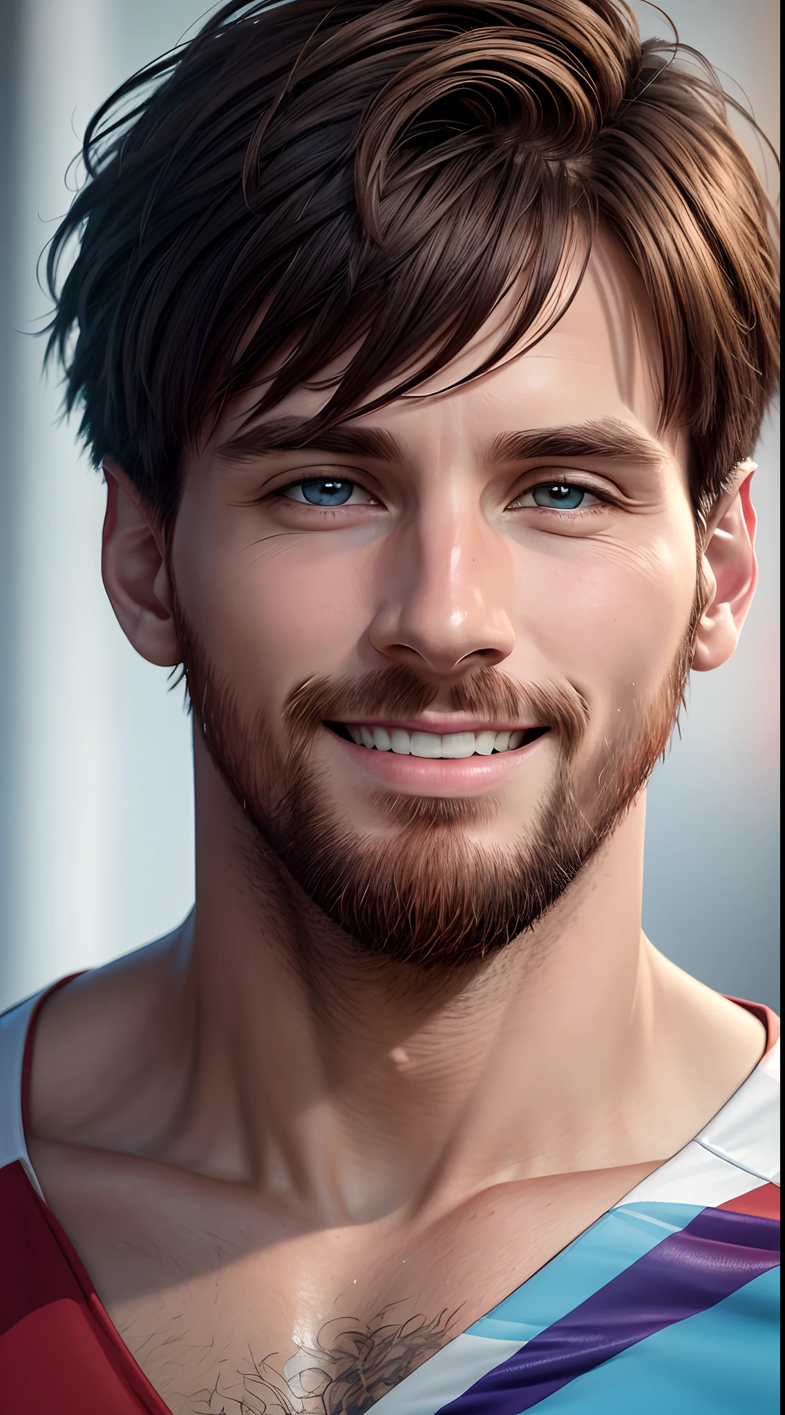 "Messi smiling picture is a real masterpiece with masculine beauty, perfect anatomy. Olpntng style, colorful rainbow, t-shirt design, clean design, epic Instagram, artstation, full of color paint streaks, wlop, contour. When you look at his beautiful eyes, you will see clearly every small detail and perfect line, every detail on the skin is beautiful in 8K quality , people will be captivated by the confidence radiating from every look. The face is drawn meticulously in every detail with 8K image quality.''
