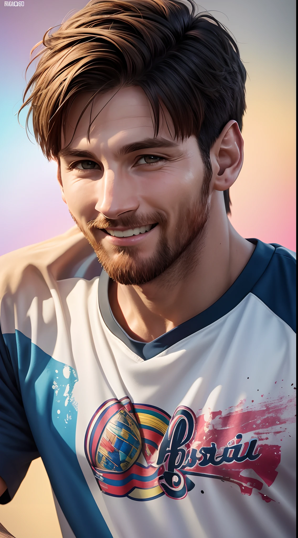 "Messi smiling picture is a real masterpiece with masculine beauty, perfect anatomy. Olpntng style, colorful rainbow, t-shirt design, clean design, epic Instagram, artstation, full of color paint streaks, wlop, contour. When you look at his beautiful eyes, you will see clearly every small detail and perfect line, every detail on the skin is beautiful in 8K quality , people will be captivated by the confidence radiating from every look. The face is drawn meticulously in every detail with 8K image quality.''