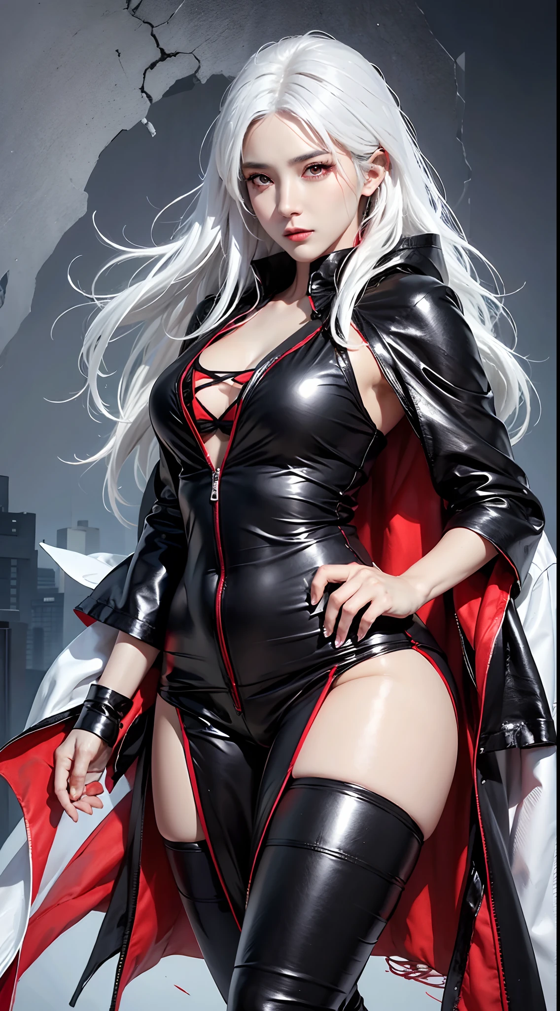 photorealistic, high resolution, 1women, mature female, solo, hips up, AKATSUKI OUTFIT, black cloak, black coat, white hair, sharingan eyes, overcoat, red eyes