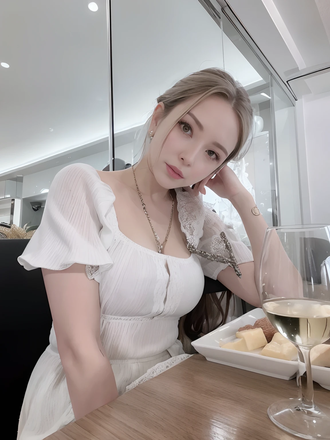 there is a woman sitting at a table with a plate of food and a glass of wine, gorgeous lady, angelawhite, sie boob, in white clothes, wearing white dress, profile pic, very very low quality picture, taken in 2 0 2 0, mai anh tran, lovely woman, dang my linh, cl, leaked image, # oc