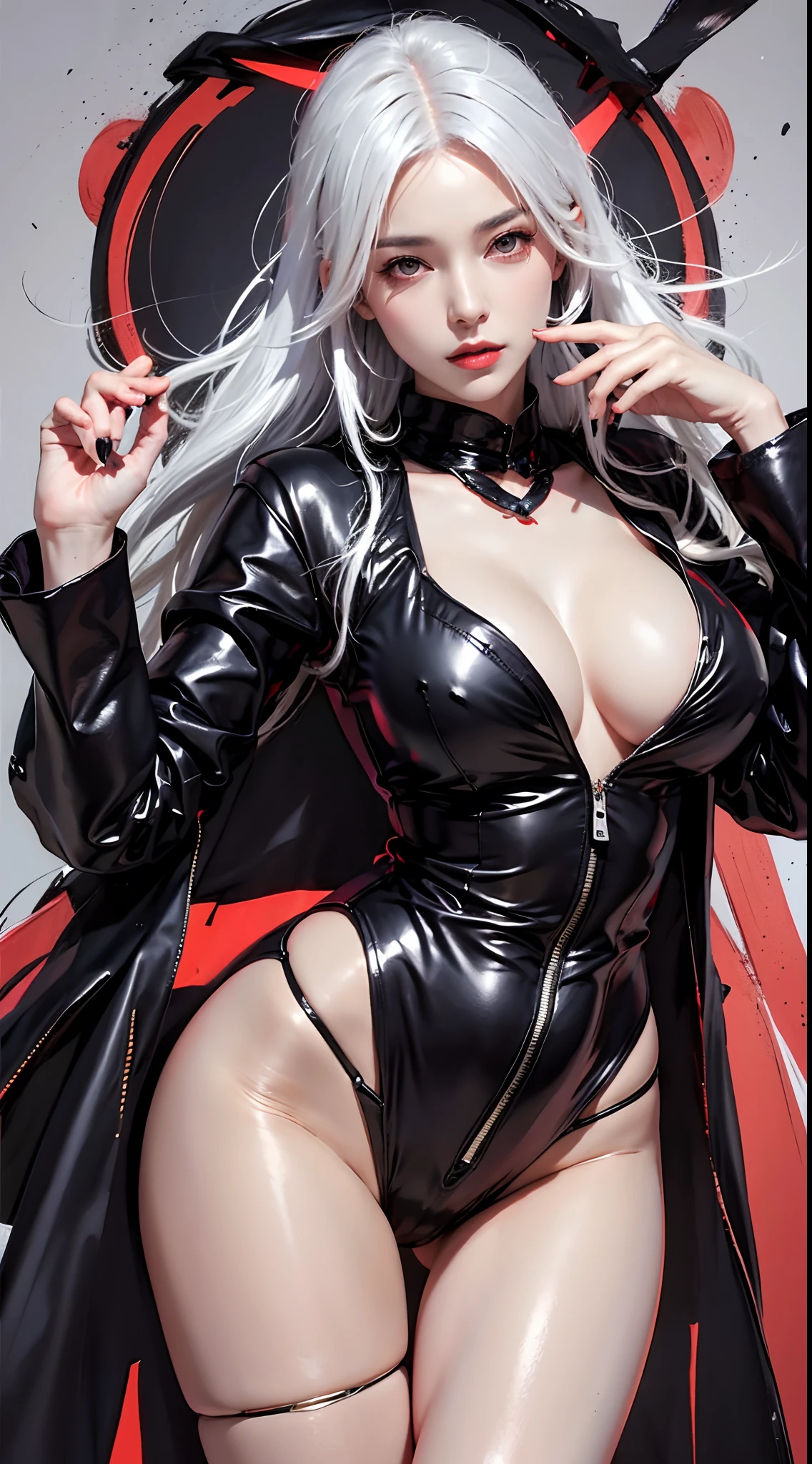 photorealistic, high resolution, 1women, mature female, solo, hips up, AKATSUKI OUTFIT, black cloak, black coat, white hair, sharingan eyes, overcoat, red eyes