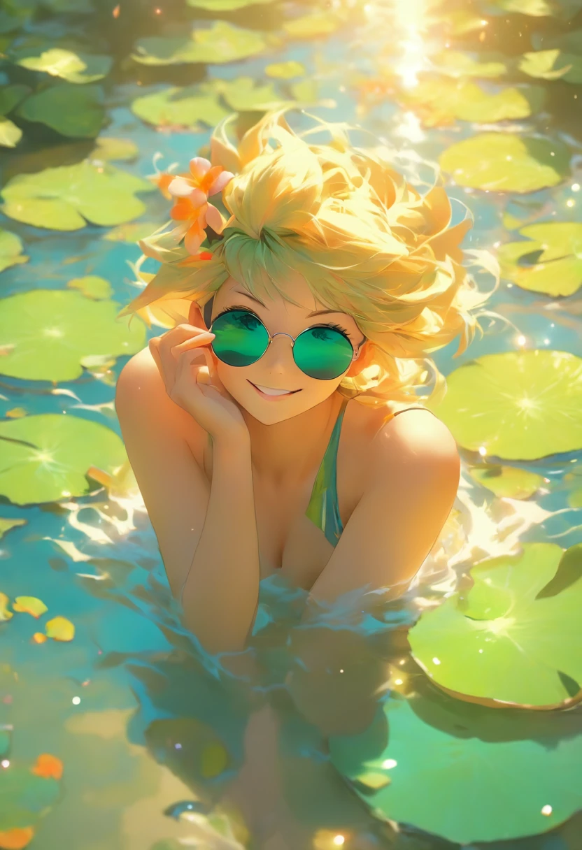 best quality,ultra-detalhado,Realistic,(lagartixa ),([sun glasses]),(Fresco),(fofo),(Lounging),(lily pad),(vivid colors),(retrato),(summer vibes),alta resolução,foco nítido,happy expression,Relaxed posture,natural lighting