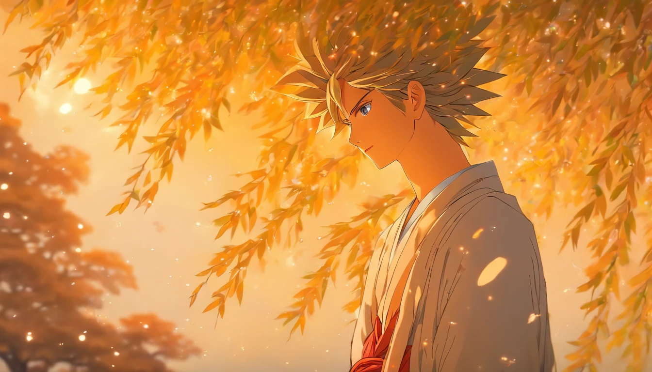 A young man standing under the Bodhi tree, gazing into the distance with a mesmerized look, as if immersed in the timeless years. The wind blows gently, causing the willow tree to sway, as if moved by her expression.,in the style of the stars art group xing xing, 32k, best quality, masterpiece, super detail, high details
