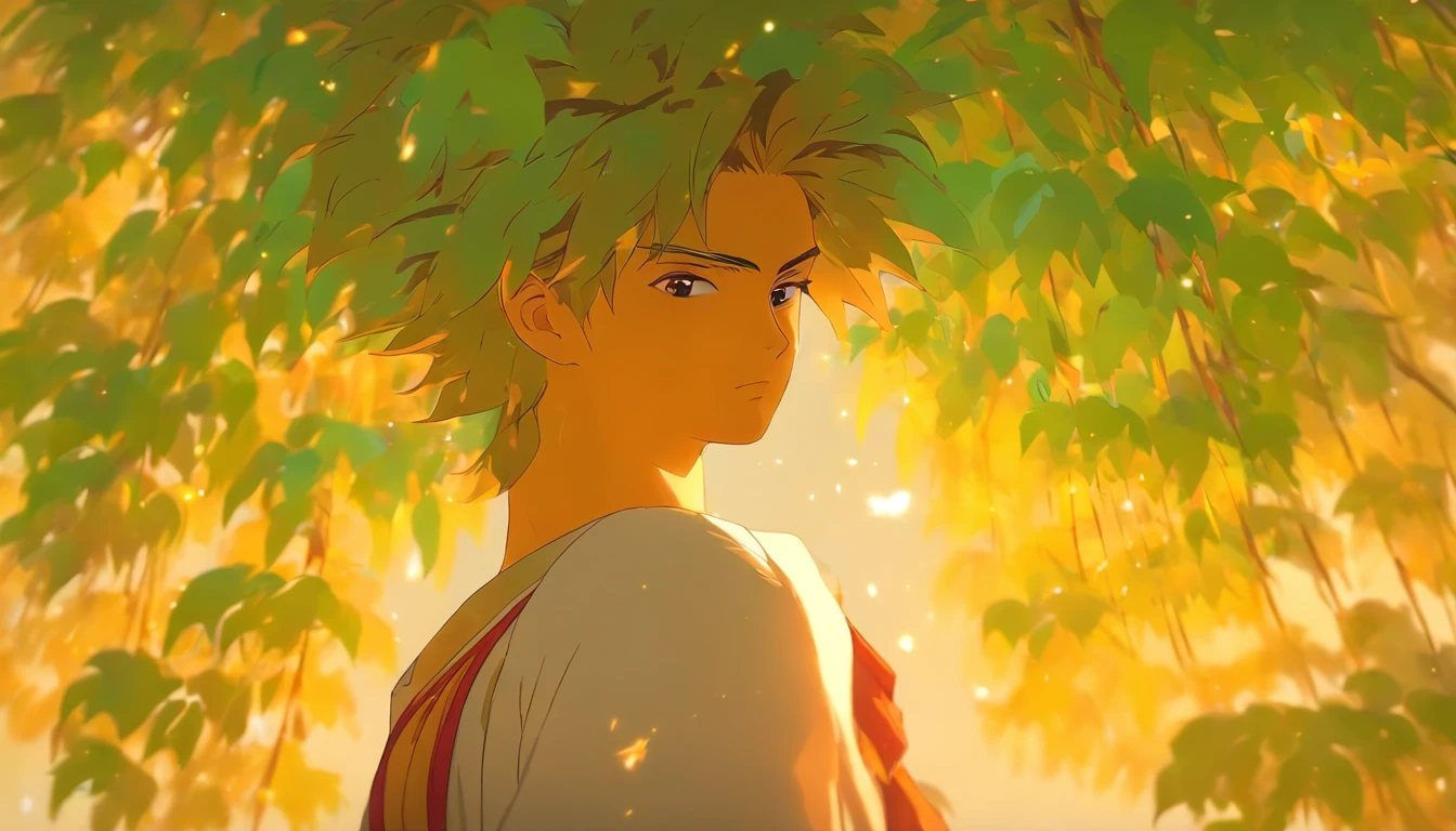 A young man standing under the Bodhi tree, gazing into the distance with a mesmerized look, as if immersed in the timeless years. The wind blows gently, causing the willow tree to sway, as if moved by her expression.,in the style of the stars art group xing xing, 32k, best quality, masterpiece, super detail, high details