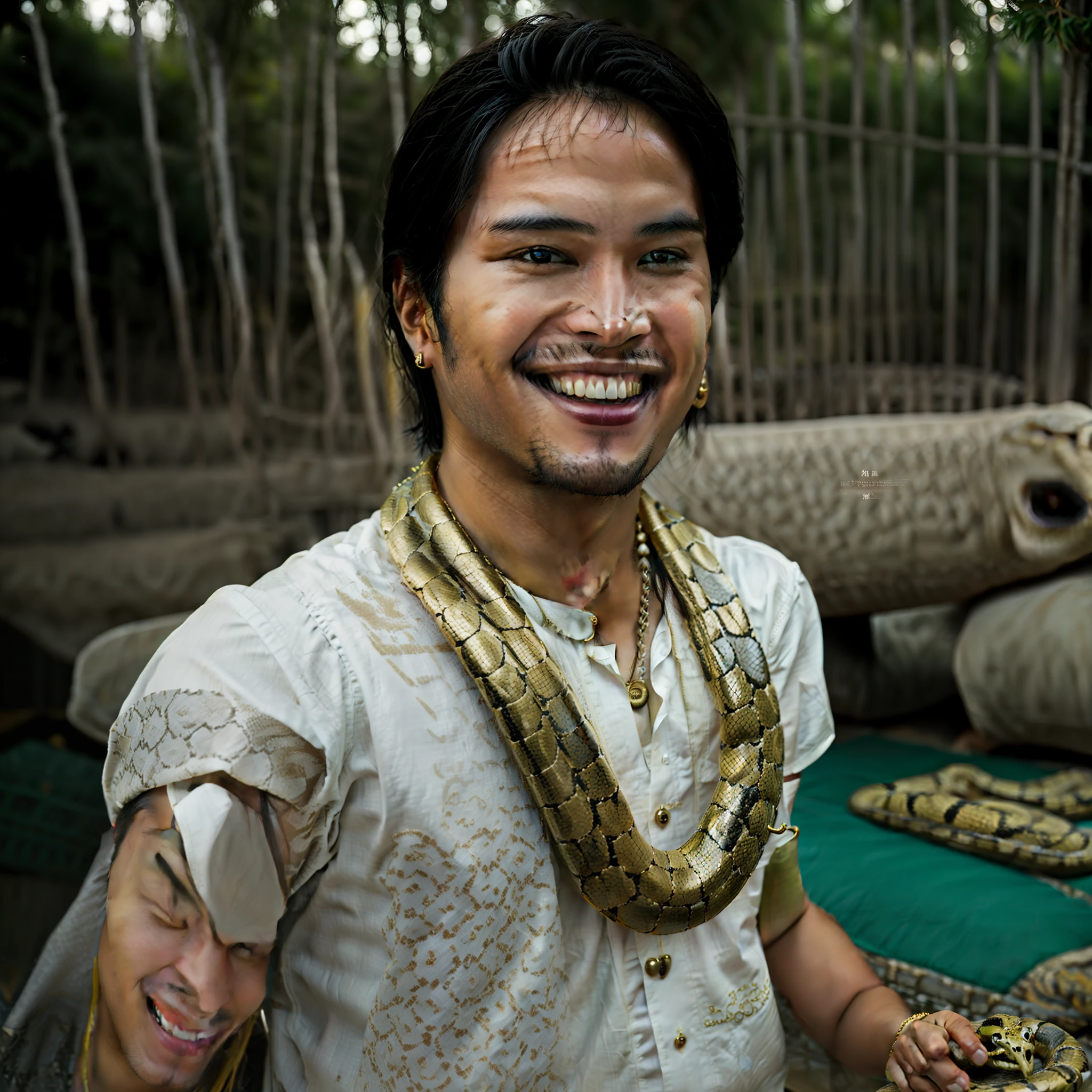 there is a man that is smiling and holding a plate of food, bone jewelry, very handsome, handsome chad chin, with snakes for hair, bone jewellery, sukhothai costume, with a beautifull smile, nivanh chanthara, inspired by Yosa Buson, wearing authentic attire, handsome man, with the head of a snake, beautiful man