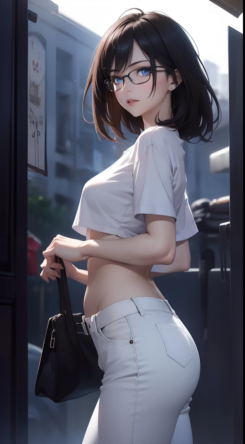 (Cinematic Digital Artwork: 1.3), High quality, masutepiece, of the highest quality, Super Detail, Illustration, [4K Digital Art]、(Moody lighting:1.2), depth of fields, Bokeh, 4K, nffsw. by Masterpiece, Best Quality, Night, Back alleys in the city, 1 woman, gray blue eyes, Light pink lips, Cold, Serious, Empty color, Small breasts, Lean-cheeked, Seductive face、 Realistic pores of the body,  (Blue eyes: 0.8), Beautiful adult face, 40 I, soft volumetric lights, (Back lighting: 1.3), (Cinematic: 1.3), Intricate details, (art  stations: 1.3), Dark hair、Pixie Short、Forehead、Date glasses、Short、Tiny、 slender, cum in ,straight haired, Glasses ,white t-shirts 、skinny pants、Pin Heel Sandals、beauty legs、