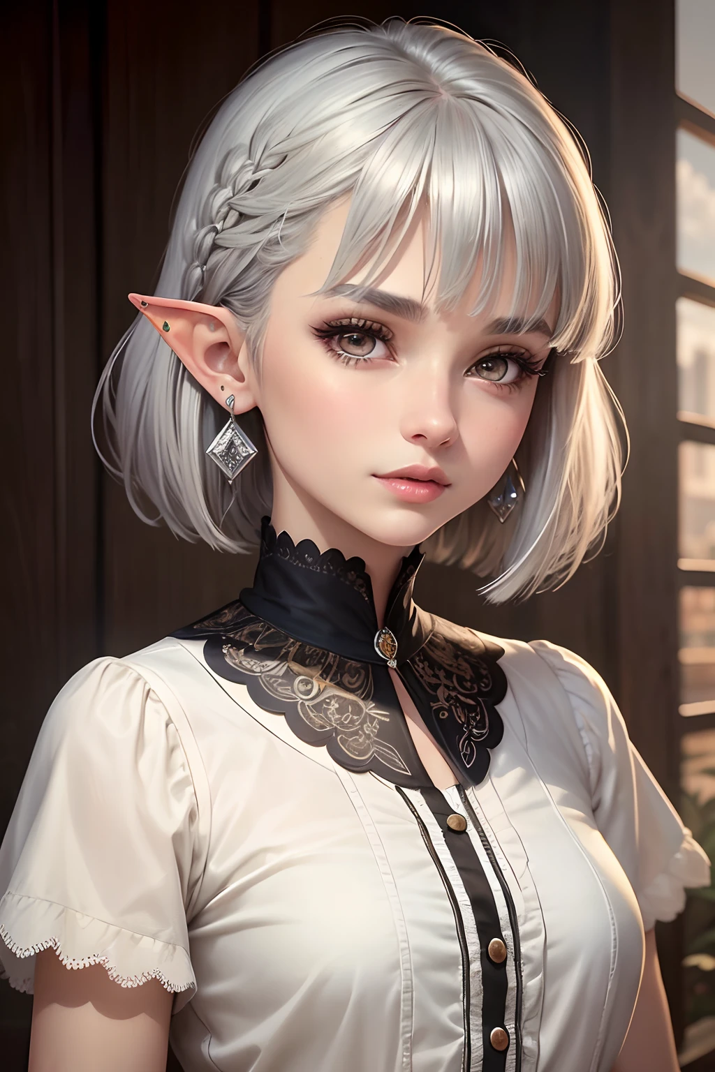 (Best quality, Masterpiece), 1girll, Beautiful girl, brown_Eyes, ((Hair color [Silver hair], [Elf cut bangs] Hair)), Earrings, Lips, Short sleeves,Realistic, Narrow waist, Charming, Colorful makeup, Long eyelashes, Fair skin, (Cute), (Detailed face), Detailed eyes, detailed iris,