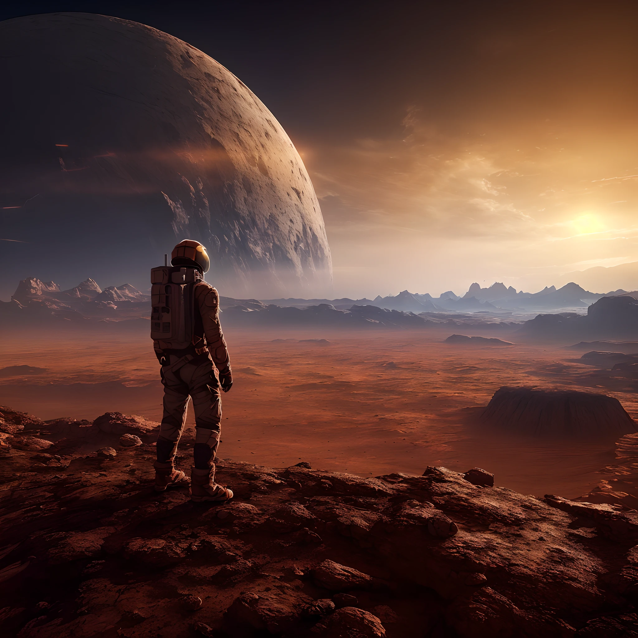 (best quality,highres,ultra-detailed:1.2), stunning long shot of an astronaut standing on Mars, overlooking the vast landscape. The astronaut is seen from a distance, highlighting the grandeur of the scene. The foreground features an immense mountain, Mont Olympus of Mars, rising majestically. In the background, a captivating Martian sandstorm engulfs the horizon, adding an element of mystery and drama to the artwork. The atmosphere is shrouded in a gentle Martian mist, enhancing the otherworldly ambiance. The image is rendered with the cutting-edge Unreal Engine 5, which brings unparalleled realism and immersion to the visual experience. The dynamic lighting highlights the intricate details, making every element shine with lifelike precision.