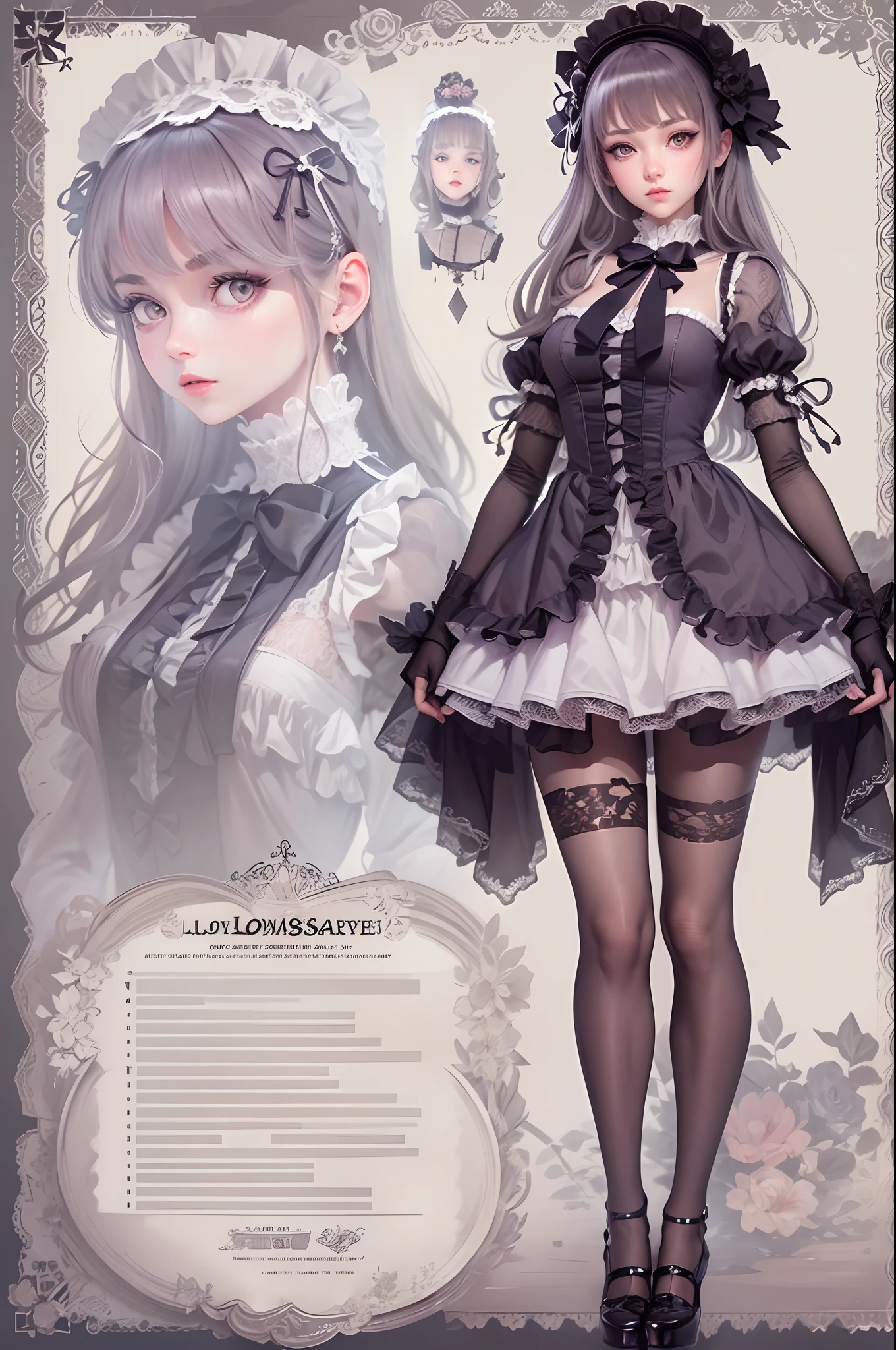 Masterpiece, Highest quality, Detailed face, CharacterDesignSheet,perfectly proportions,full bodyesbian,Full of details, Multiple poses and expressions, Highly detailed, Beautiful ta girl,goth style,Lace,lacepantyhose, High Balance,Natural light
