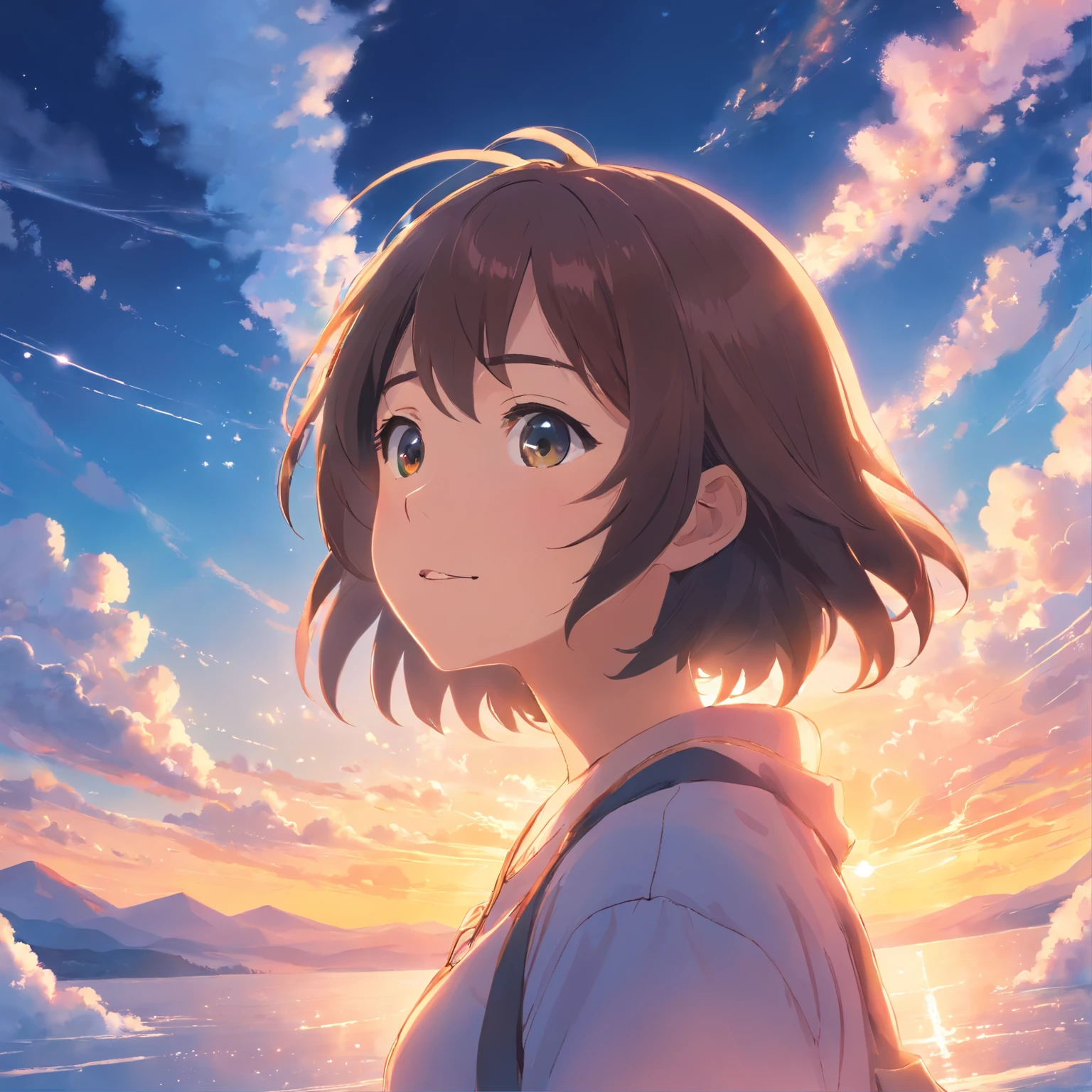masterpiece, best quality, movie still, 1girl, cloud girl, floating in the sky, close-up, bright, happy, warm soft lighting, sunset, (sparks:0.7)