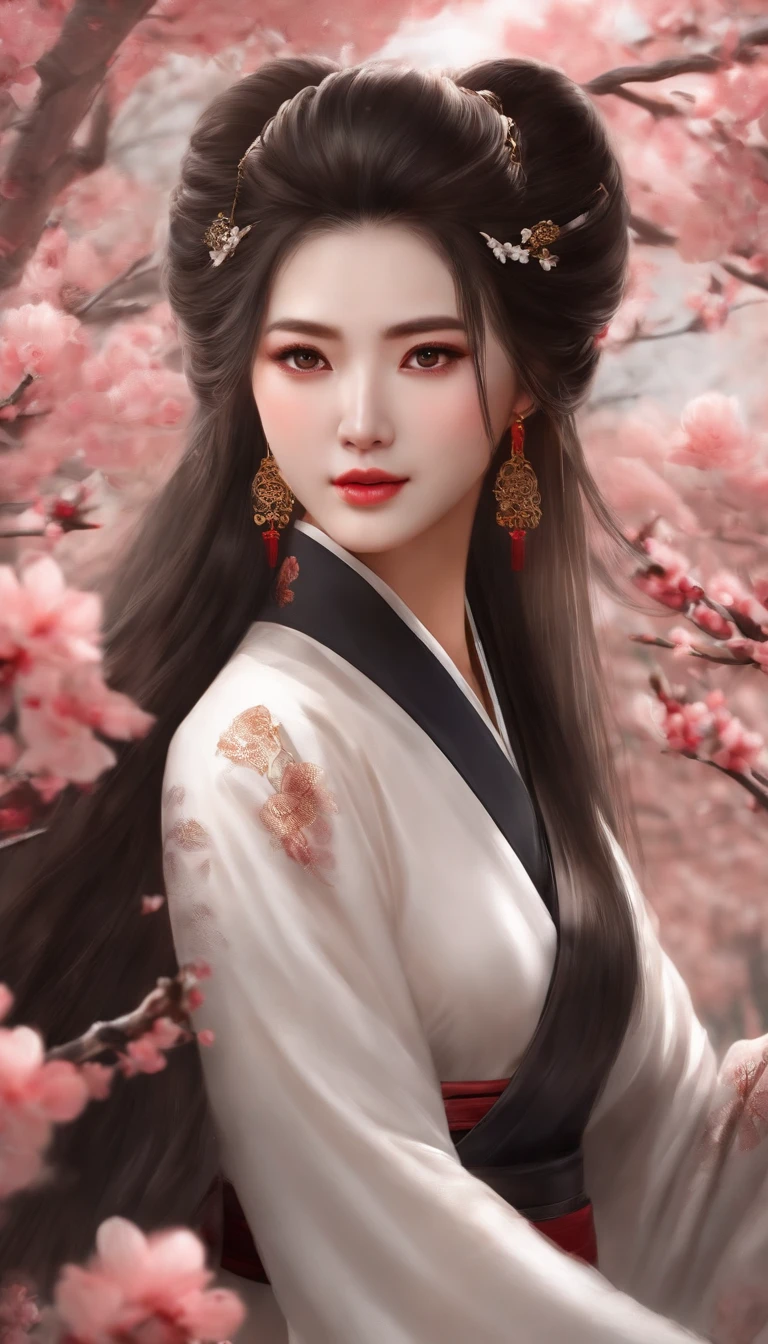 Danfeng Eyes，bushido，The upper part of the body，Black coiled hair，Simple hairpins，Cold eyes，solo person，orthofacial，frontage，Peach blossom background，Highly saturated colors，Hyper Real，8K high-definition，holding a longsword，Absolutely beautiful，high light，plethora of colors