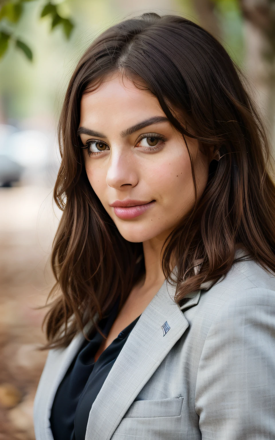 cute beautiful brunette, wearing an entire professional suit, full body, perfect angle, very detailed, 32 years old, flirty face, messy long hair, brown eyes, high-res, masterpiece, best quality,intricate details, highly detailed,sharp focus, detailed skin,realistic skin texture,texture, detailed eyes, professional, 4k, smile, shot on Canon, 85mm,shallow depth of field,kodak vision color, eyeshadow, extremely detailed, photo_\(ultra\), photorealistic, realistic, post-processing, max detail, roughness, real life, ultra realistic, photorealism, photography, 8k uhd, photography