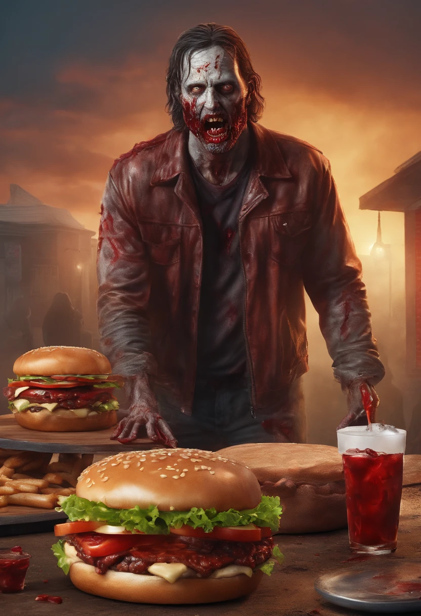 Zombie stands next to a large burger that drips blood, the walking dead, rick grimes face de zumbi, hamburgueria, sangue, realistic, Logotipo, 8K illustration, fundo branco