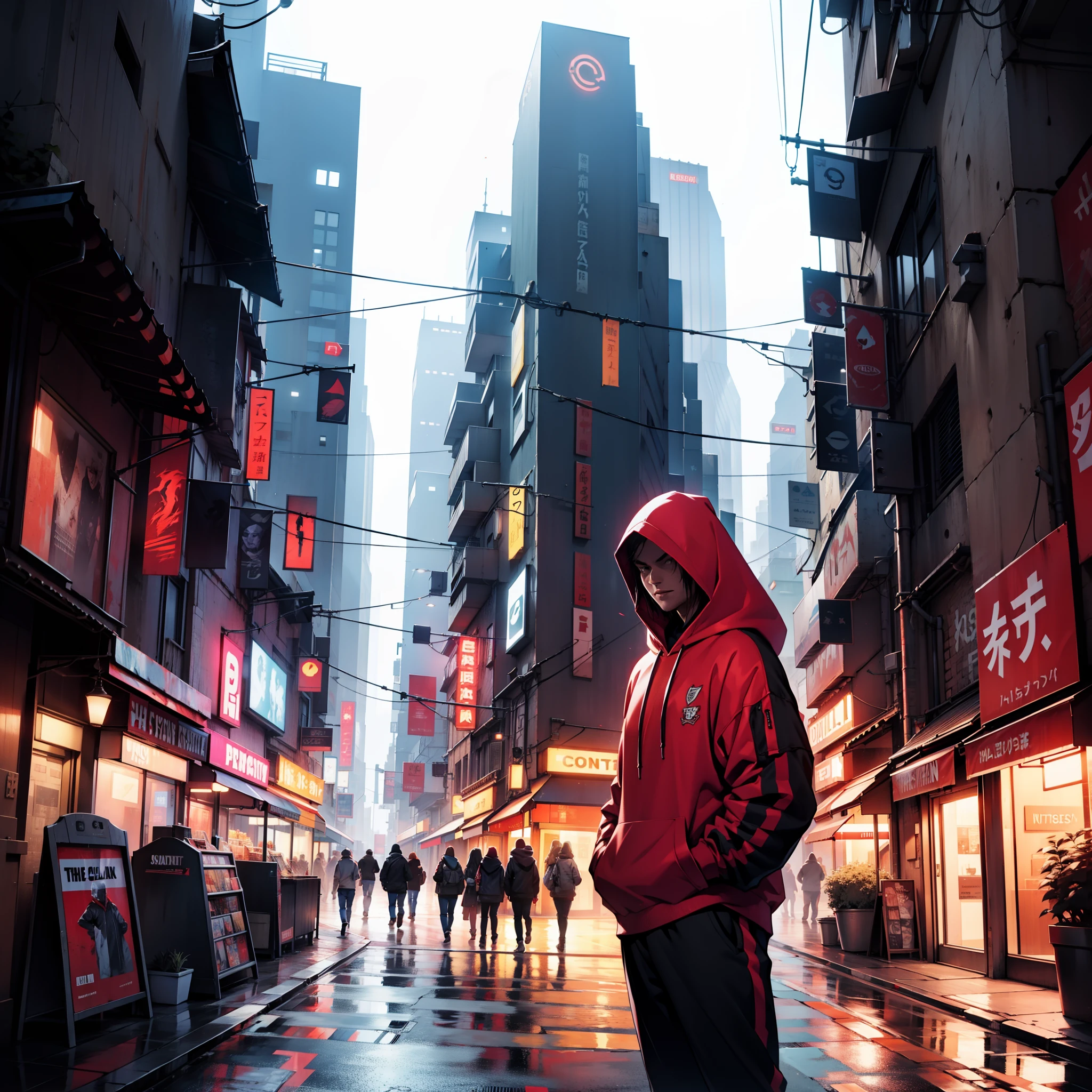 The good devil, red skin, hoodie clothes, futuristic city, hyper realistic