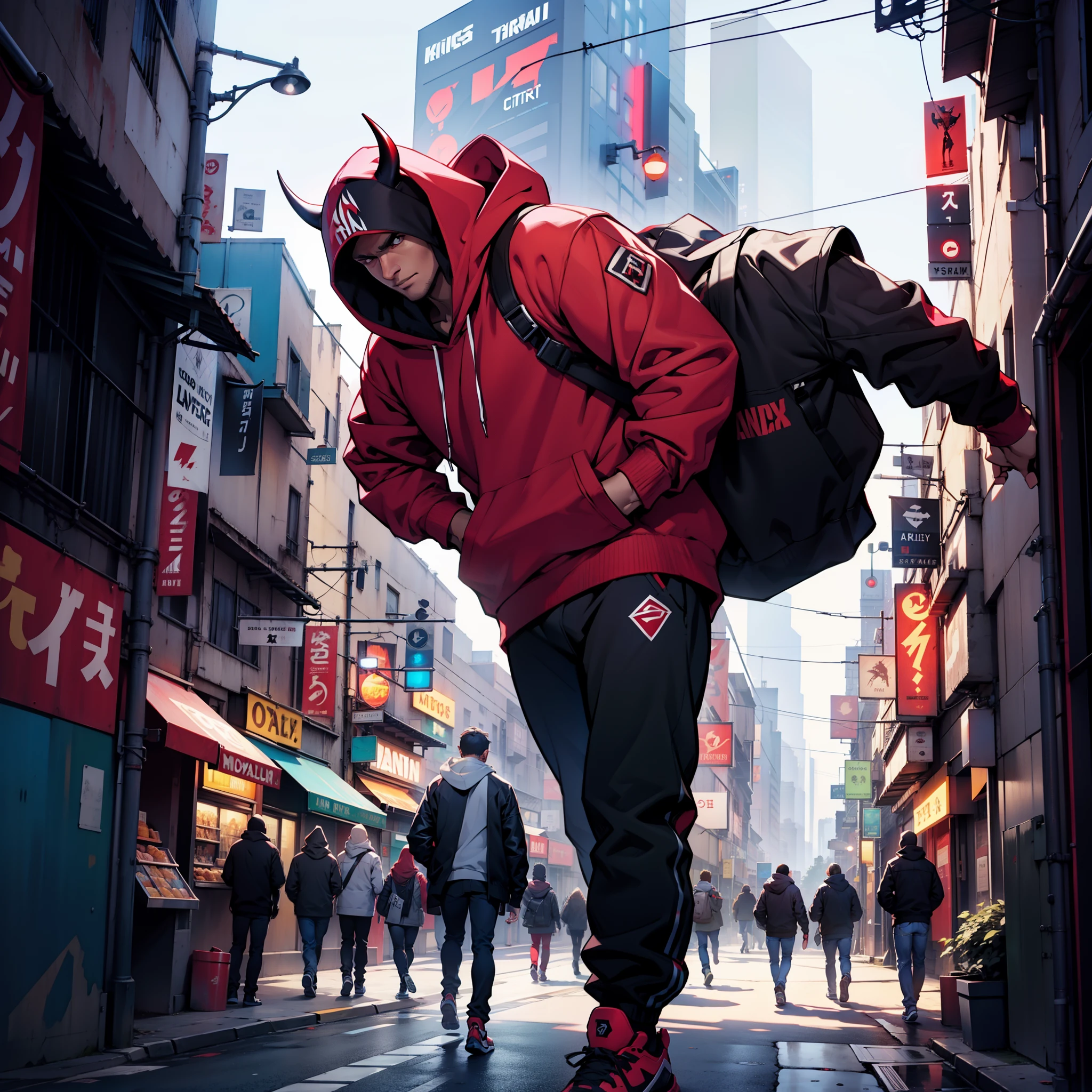 The good devil, red skin, hoodie clothes, futuristic city, hyper realistic