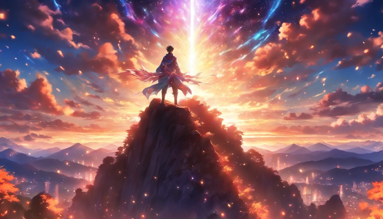 A young and handsome man standing on a magnificent mountain peak, surrounded by a mysterious glow. He raises his hands and summons a dazzling beam of light that illuminates the sky. His body exudes a sacred and majestic aura.,in the style of the stars art group xing xing, 32k, best quality, masterpiece, super detail, high details