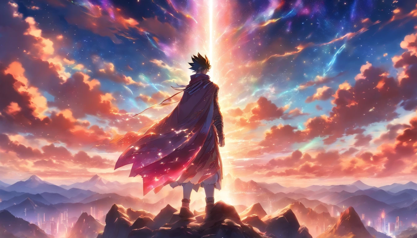 A young and handsome man standing on a magnificent mountain peak, surrounded by a mysterious glow. He raises his hands and summons a dazzling beam of light that illuminates the sky. His body exudes a sacred and majestic aura.,in the style of the stars art group xing xing, 32k, best quality, masterpiece, super detail, high details