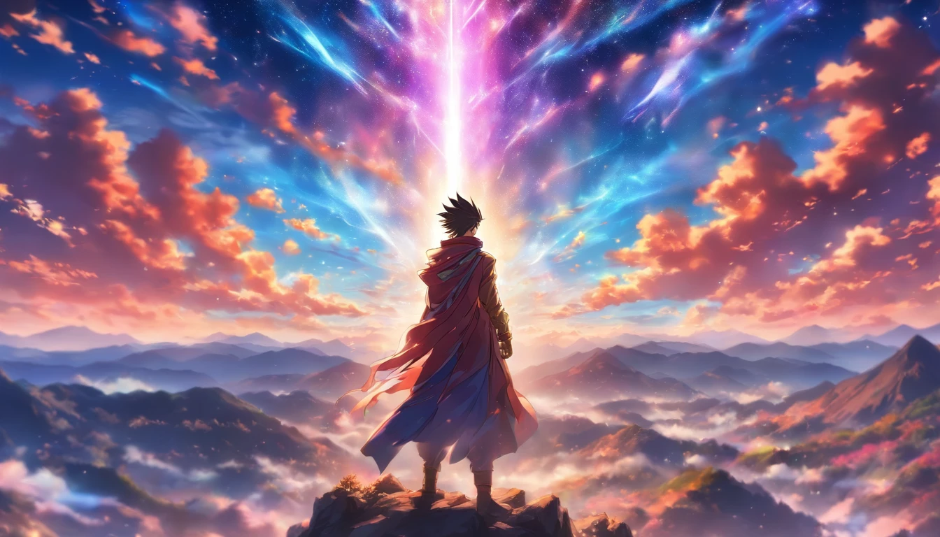 A young and handsome man standing on a magnificent mountain peak, surrounded by a mysterious glow. He raises his hands and summons a dazzling beam of light that illuminates the sky. His body exudes a sacred and majestic aura.,in the style of the stars art group xing xing, 32k, best quality, masterpiece, super detail, high details