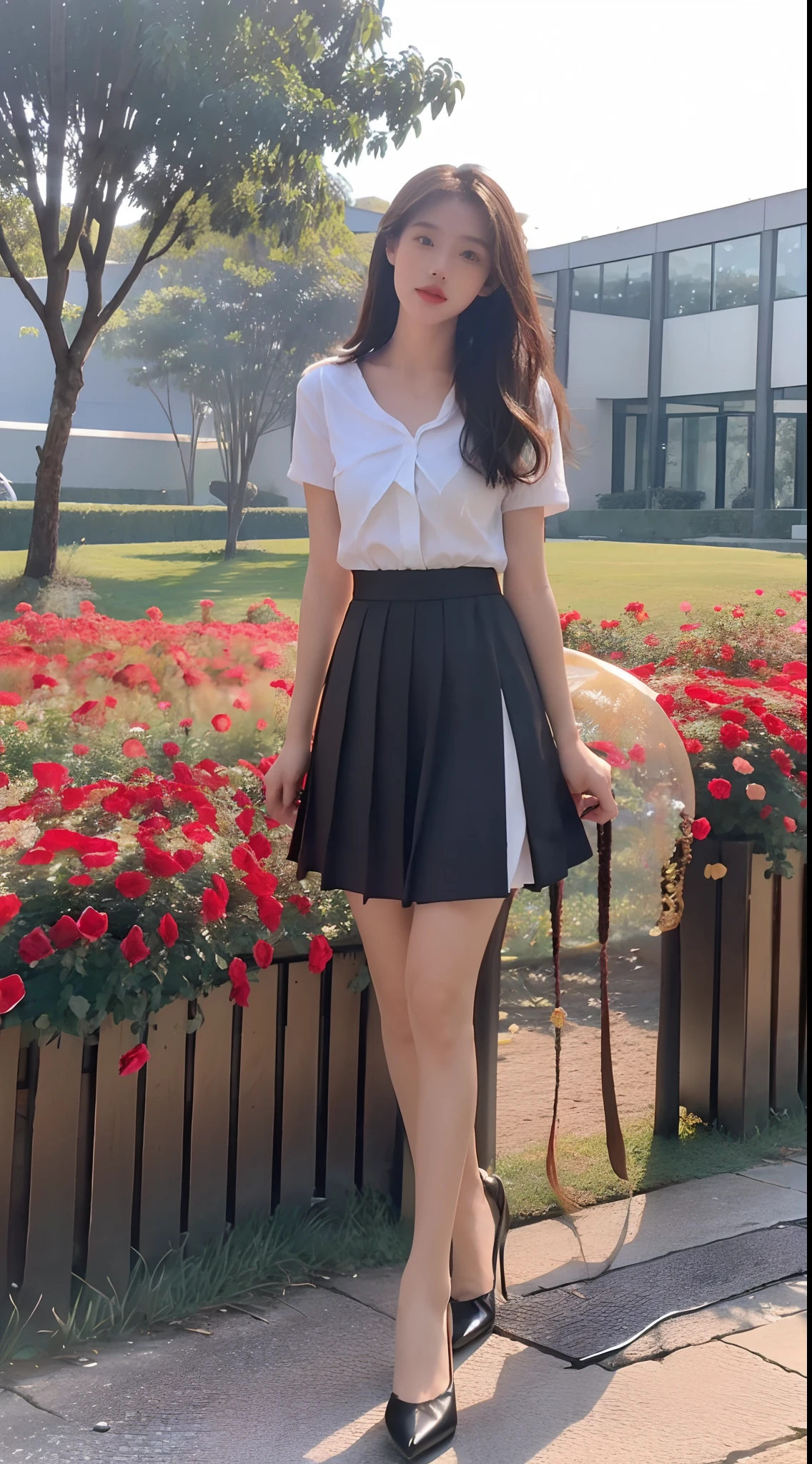((best qualtiy, 8K, Masterpiece Masterpiece: 1.3)),(full bodyesbian:1.5),A cute beauty with a perfect figure: 1.4, Slim, ((Brown hair black)) , (pleatedskirt,white short sleeve shirt,Black heels,school uniform,Full chest,Golden ratio figure,Highly detailed face,standing on your feet:1.2),((Sea of roses)),Highly detailed facial and skin texture,wide wide shot,Ray traching,Colorful dreamy fairy tale garden,detail-rich,Sea of roses,8K, Yes,