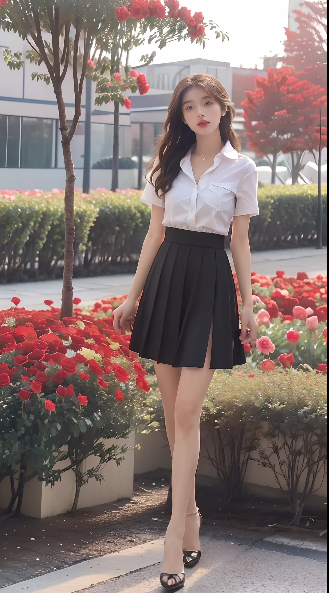 ((best qualtiy, 8K, Masterpiece Masterpiece: 1.3)),(full bodyesbian:1.5),A cute beauty with a perfect figure: 1.4, Slim, ((Brown hair black)) , (pleatedskirt,white short sleeve shirt,Black heels,school uniform,Full chest,Golden ratio figure,Highly detailed face,standing on your feet:1.2),((Sea of roses)),Highly detailed facial and skin texture,wide wide shot,Ray traching,Colorful dreamy fairy tale garden,detail-rich,Sea of roses,8K, Yes,