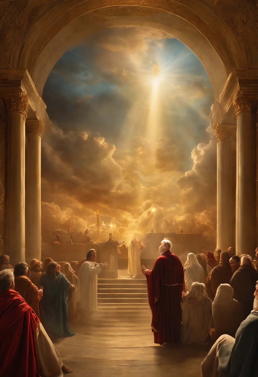 "The art of God sitting on the throne conversing with angels inspired by the dramatic style of British artist John Martin."