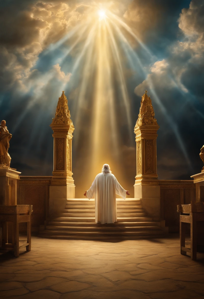 Crie uma imagem realista , where an older man is raptured to heaven and finds the throne of God. the image needs to reflect the passage in the Bible where Paul describes his rapture.