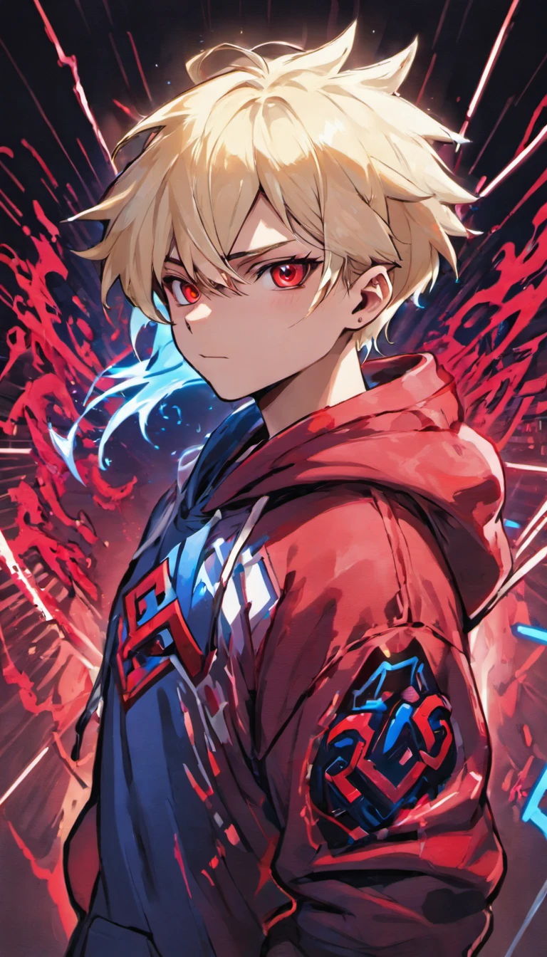 Closeup photograph, confident young cyberpunk boy with blonde and white hair , wearing a hoodie with red and blue designs on it, in a inside podcast room, photorealistic, cinematic lighting