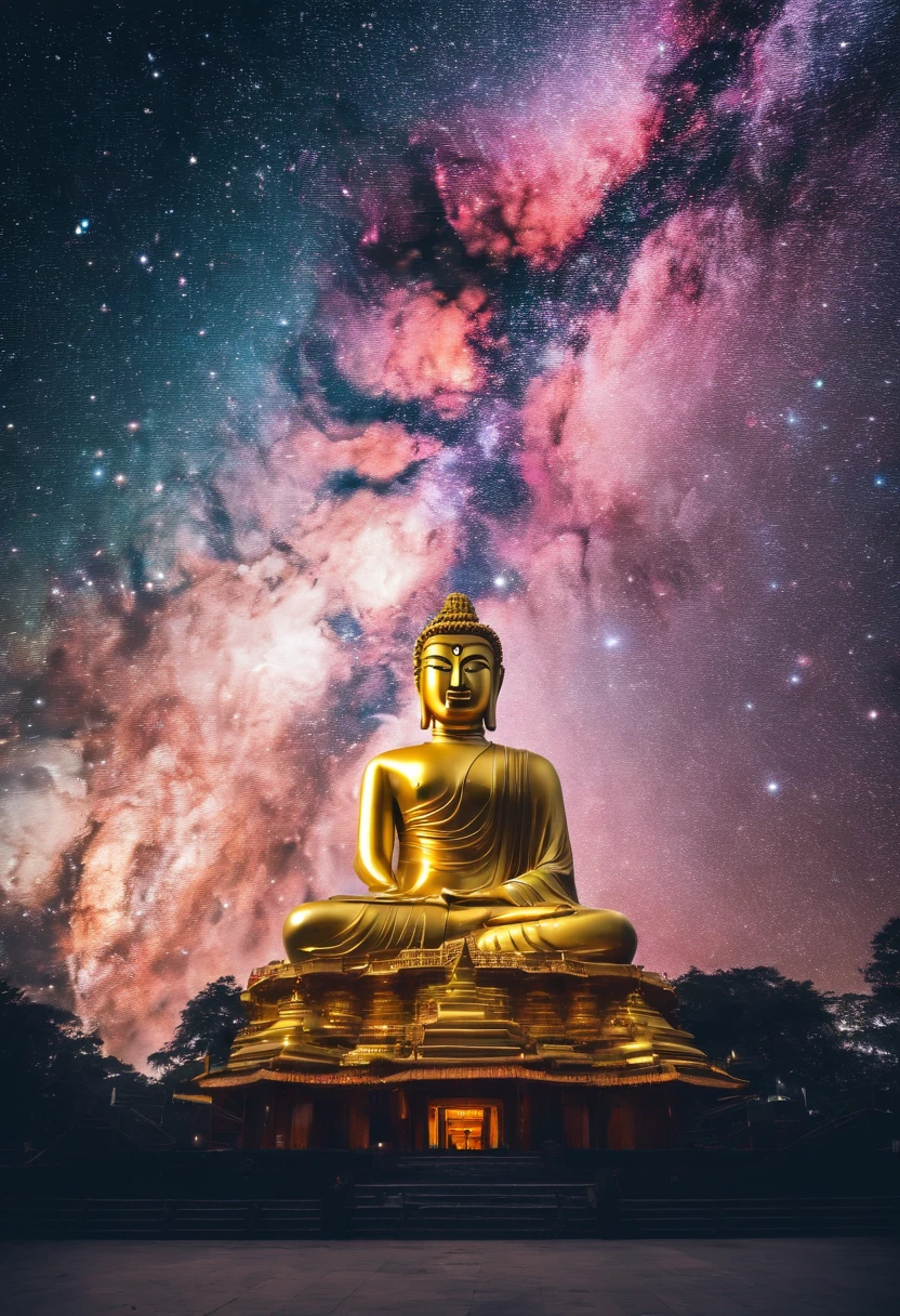 A huge golden Buddha statue stands in the Milky Way,A river of stars surrounds the Buddha statue