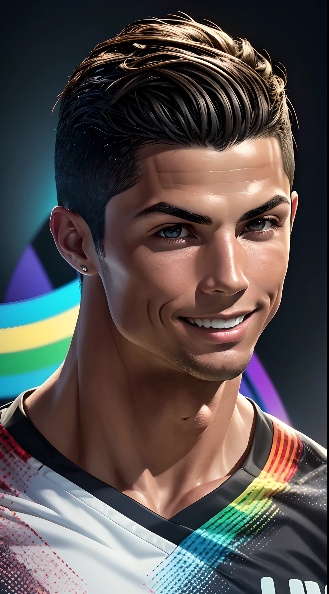 "cristiano ronaldo smiling picture is a real masterpiece with masculine beauty, perfect anatomy. Olpntng style, colorful rainbow, t-shirt design, clean design, epic Instagram, artstation, full of color paint streaks, wlop, contour. When you look at his beautiful eyes, you will see clearly every small detail and perfect line, every detail on the skin is beautiful in 8K quality , people will be captivated by the confidence radiating from every look. The face is drawn meticulously in every detail with 8K image quality.''