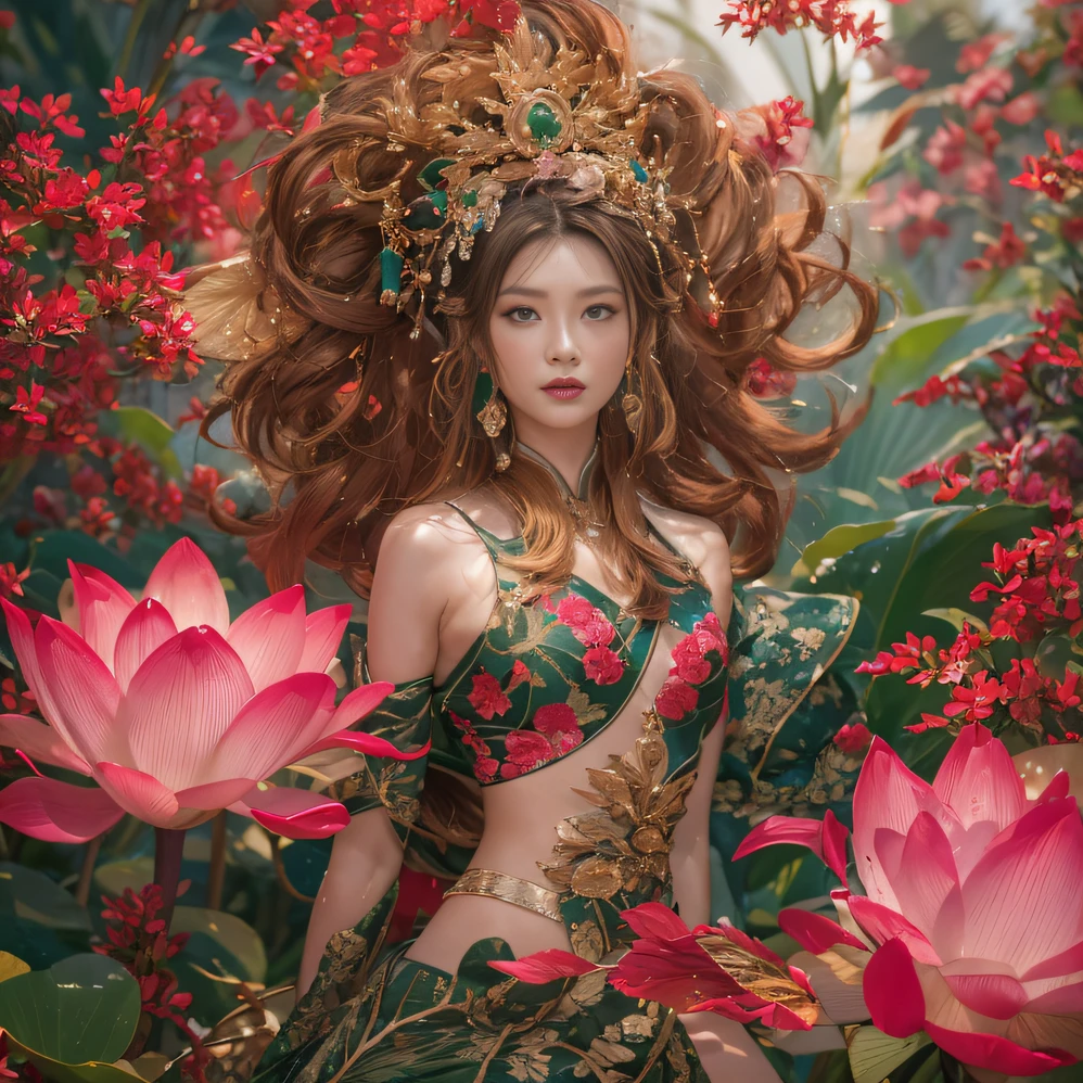 32K(tmasterpiece,k hd,hyper HD,32K)curlies,Flowing rouge,ponds,zydink, a color, Liaoning people (Silly girl), (Silk scarf), Combat posture, looking at the ground, Flowing rouge curls,Green emerald headdress, Chinese long-sleeved pink gold garment, (abstract ink splash:1.2), Pink lotus background,Water lily flower protector(realisticlying:1.4),Rouge hair,Autumn is in full swing,The background is pure, A high resolution, the detail, RAW photogr, Sharp Re, Nikon D850 Film Stock Photo by Jefferies Lee 4 Kodak Portra 400 Camera F1.6 shots, Rich colors, ultra-realistic vivid textures, Dramatic lighting, Unreal Engine Art Station Trend, cinestir 800,Large curls,Flowing rouge