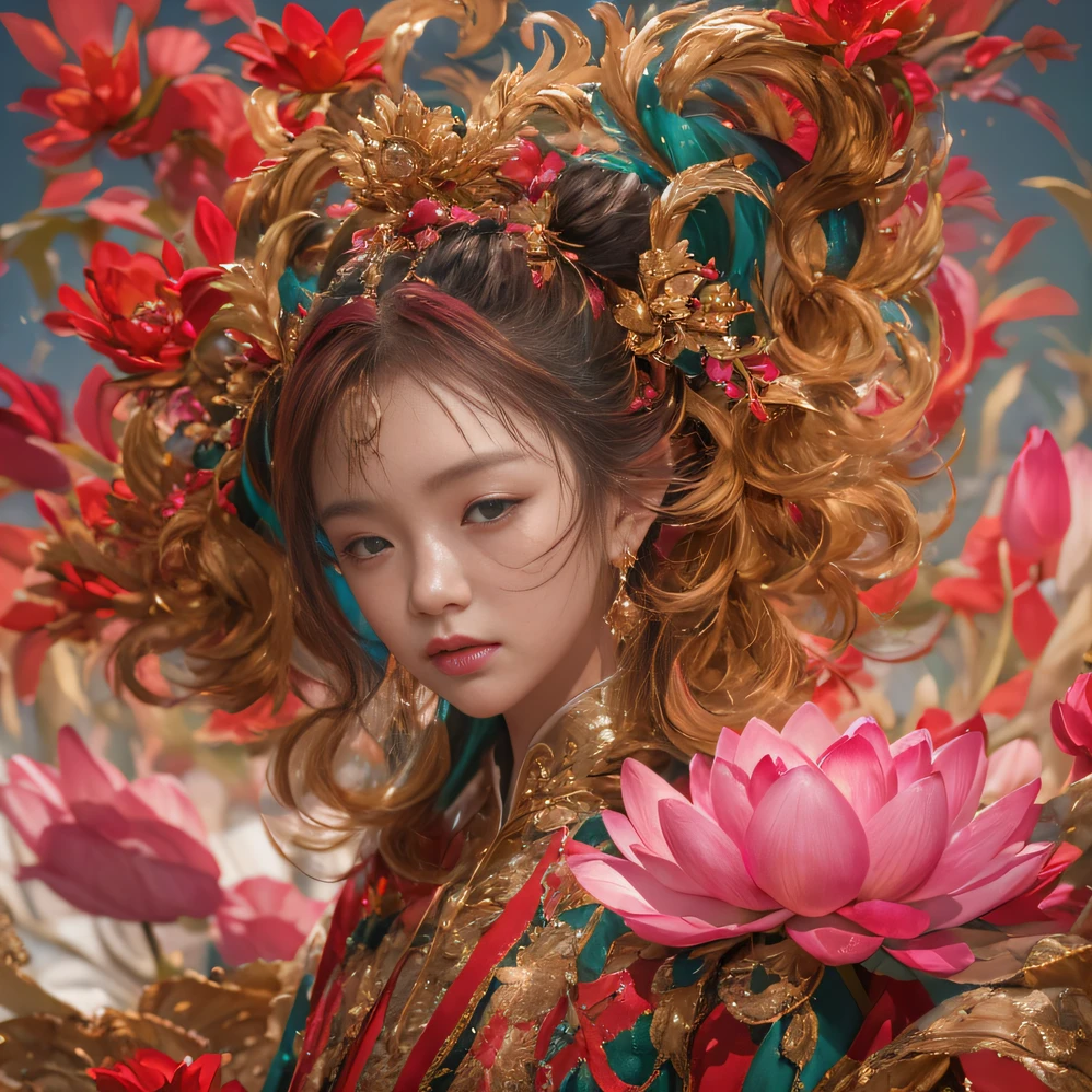 32K(tmasterpiece,k hd,hyper HD,32K)curlies,Flowing rouge,ponds,zydink, a color, Liaoning people (Silly girl), (Silk scarf), Combat posture, looking at the ground, Flowing rouge curls,Green emerald headdress, Chinese long-sleeved pink gold garment, (abstract ink splash:1.2), Pink lotus background,Water lily flower protector(realisticlying:1.4),Rouge hair,Autumn is in full swing,The background is pure, A high resolution, the detail, RAW photogr, Sharp Re, Nikon D850 Film Stock Photo by Jefferies Lee 4 Kodak Portra 400 Camera F1.6 shots, Rich colors, ultra-realistic vivid textures, Dramatic lighting, Unreal Engine Art Station Trend, cinestir 800,Large curls,Flowing rouge