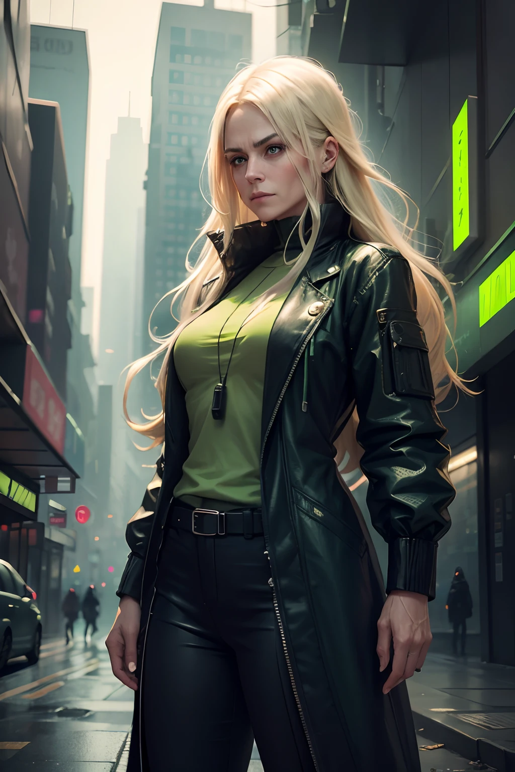 first person old woman doctor in a cyberpunk city, blonde long hair, strong, green clothes black pants