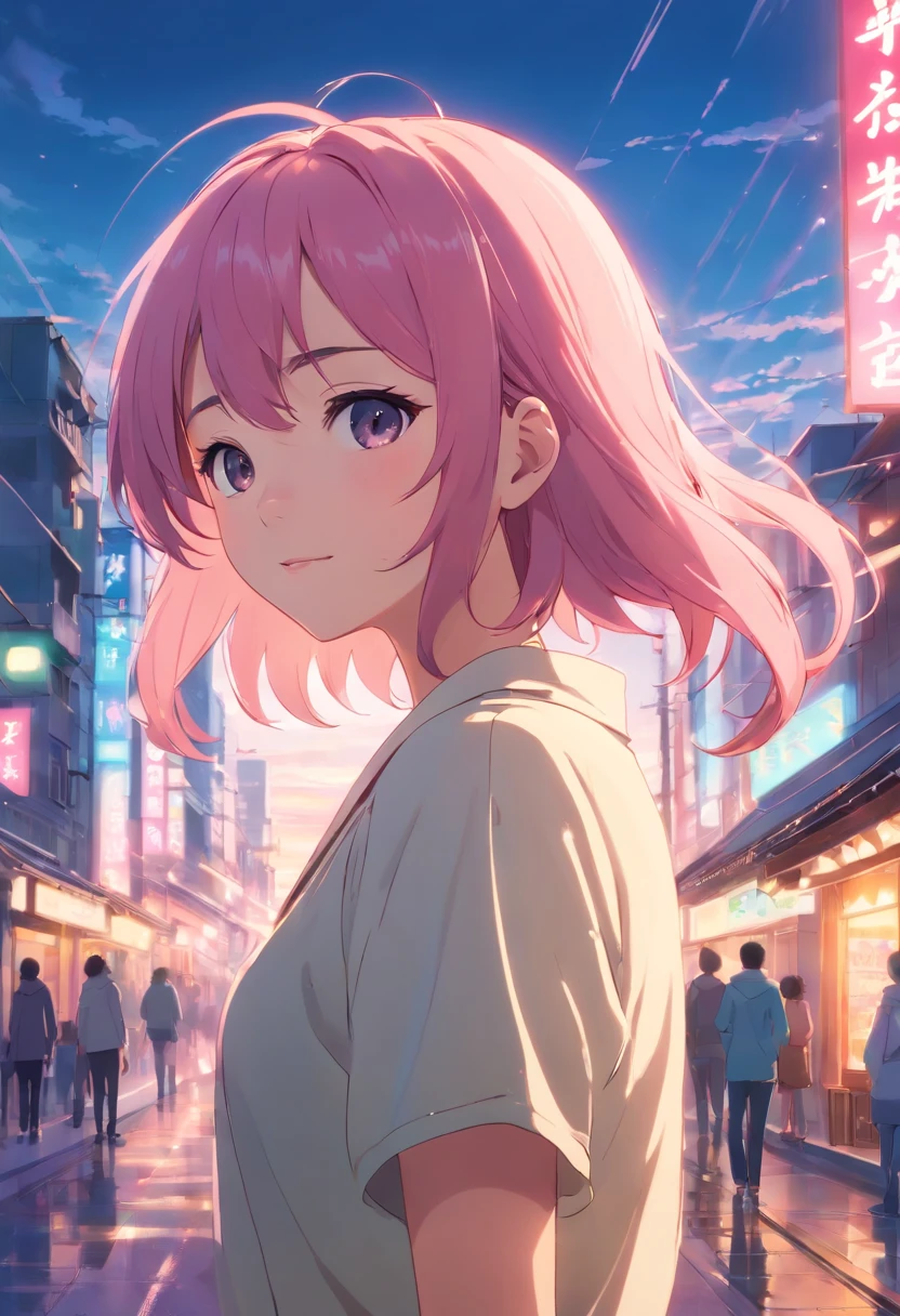 ​masterpiece、top-quality、Movie stills、1girl in、发光、Happiness、Warm and soft lighting、japanaese girl、Pink hair、Long、Hair that flutters in the wind