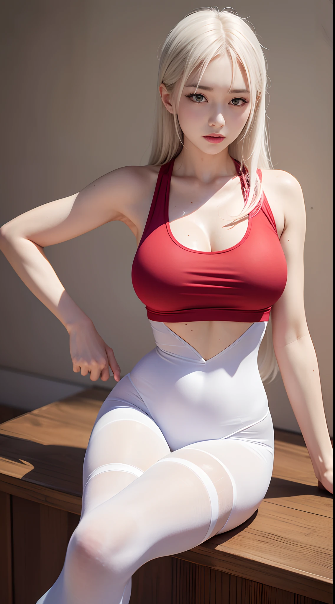 a close up of a woman in a white bodysuit posing for a picture, wearing tight simple clothes, wearing tight shirt, Wearing a vest, Gorgeous young Korean woman, smooth white tight clothes suit, Wearing a vest, gorgeous chinese models, wearing a cute top, Tight shirt, beautiful Korean women, cute girl wearing tank suit, Beautiful Asian girl,Beautiful eyes((two side up)),(Detailed engraving of the picture part),White stockings strangle,((long white hair,untidy)),huge soft breasts and beautiful abs,Slim waist, Erotic face, Wet body: 1.5,Slender abs: 1.2, (sweat leggs: 1.2), (dampness), Raised sexy, Be red in the face,Sweaty,(Tight yoga attire:1.3),Exquisite beauty, illustration, highr, bodybuilding, plumw, extremely detailed photo,