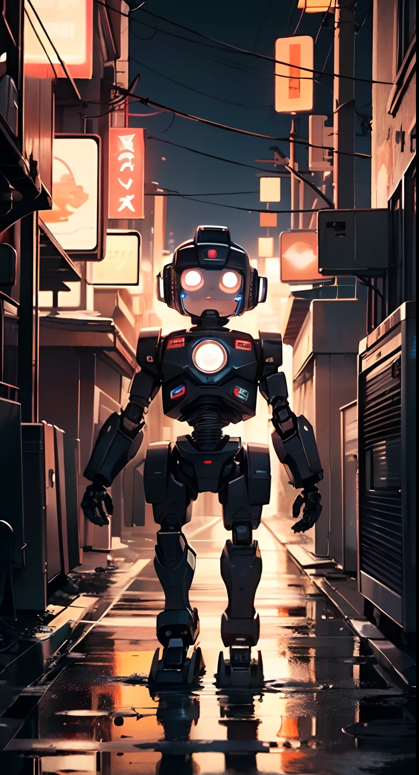 (((TV robot with mechanical arms and legs))),
(((tiny little robot))) with ((((TV head)))). He has (((shaped like a cube with mechanical arms and legs))),and a (((screen on his face))) that displays emoticons and coded messages,Strange head, black tv head,detailed TV head,intricate robot,
(((Object_head,televison_head))),
(dynamic pose:1.0),solo focus,(centered,scale to fit dimensions,Rule of thirds),
cyberpunk city by the ocean at night, with bright neon signs and dark stormy clouds and puddles, scenery:1.25,
highres, sharp focus, (ultra detailed, extremely detailed), (photorealistic artwork:1.37),(extremely detailed CG unity 8k wallpaper),((synthwave background theme)),(((vibrant colors))),(intricate background),(masterpiece),(best quality),