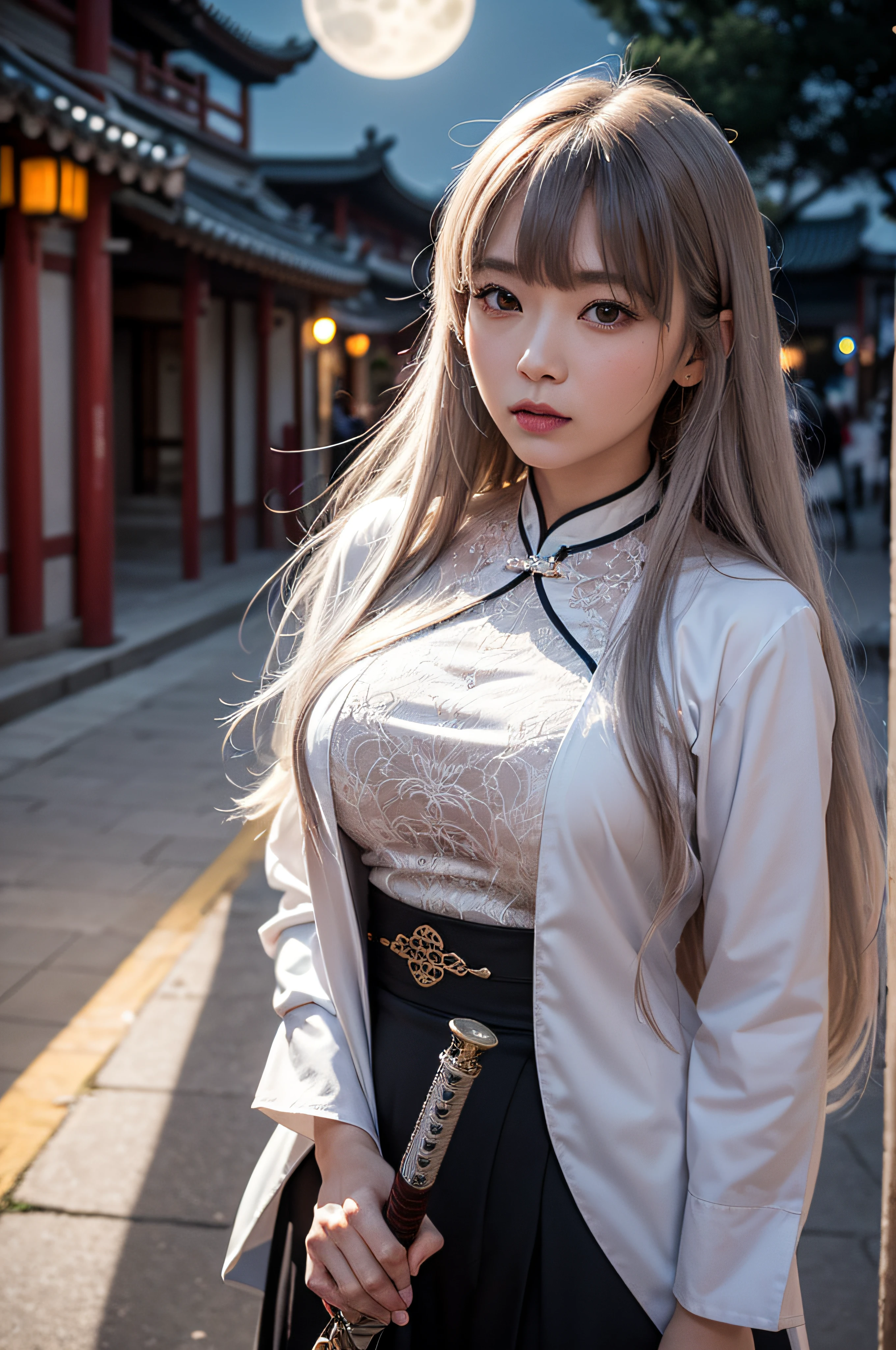 Masterpiece, Best, Night, Full Moon, 1 Female, Mature Woman, Chinese Style, Ancient China, Elder Sister, Royal Sister, Cold Face, Expressionless, Silver White Long Haired Woman, Light Pink Lips, Calm, Intellectual, Three Bangs, Gray Hitomi, Assassin, Long Sword, Swordsman, Fighting, Street View, Facial Details,