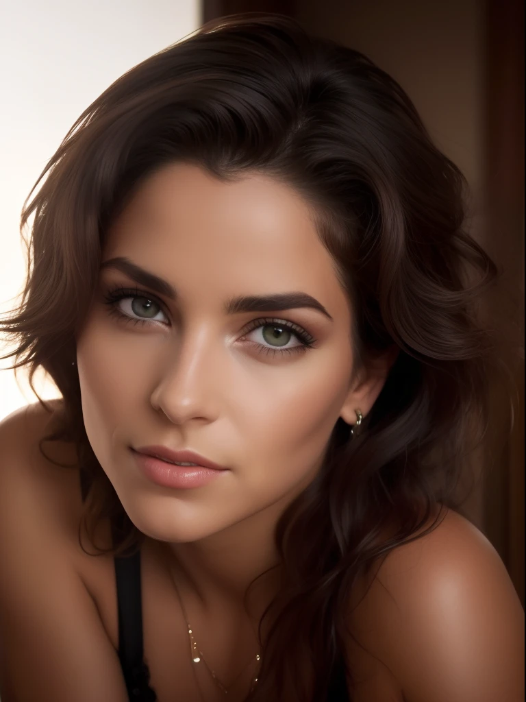 Um retrato fotorrealista de uma mulher bronzeada insanamente bonita com maquiagem leve, olhos de mel extremamente detalhados, detailed symmetric realistic face, textura natural extremamente detalhada, peach fluff, messy windy hair, master part, foto premiada por Francesco Scavullo, Nikon D850 Filme Fotografia Stock, Kodak Portrait 400 Camera F1.6 lentes, extremamente detalhado, Amazing, detalhes finos, cores ricas, textura realista hiper realista, dramatic lighting, motor irreal, Trend at Art-Station, Cine still 800 tungsten, Looking at the Viewer, foto realista, Foto RAW, alta qualidade, high resolution, foco nítido, extremamente detalhado, Cinematic lighting, at a seated coffee table