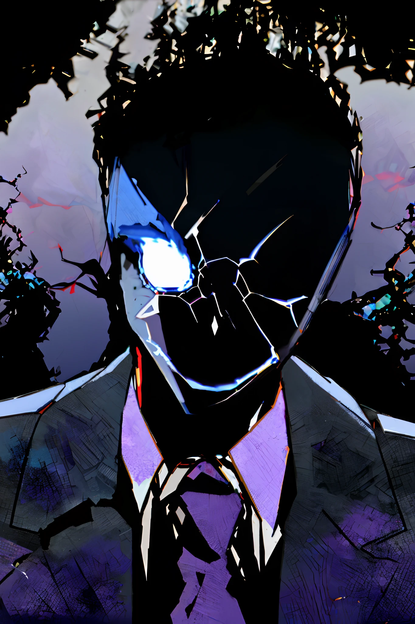 solo, tie, black suit, upper body, black pants, purple fire with blue details, skull with red smoke with purple and blue details, blue fire on the skull, dark negative aura around, bloodthirsty look, purple pupils coming out smoke, holding a revolver, tie half blue half purple, one slit eye