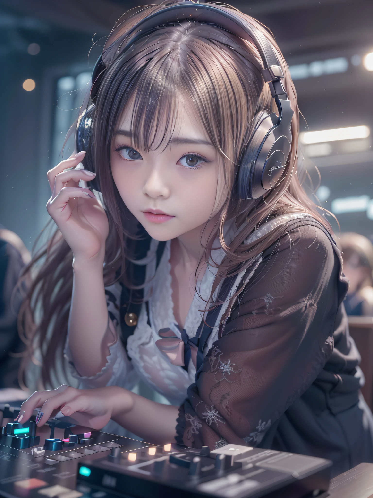 Arafede woman in DJ venue wearing headphones, ((A look of joy,Ephemeral woman)),nightcore, with headphone, Kantai collection style, Soft lighting, with headphone, DJ female, Anime moe art style,I'm a DJ,((They are very focused:1.5)),small tits,Slim figure,extremely detailed eye and face、beatiful detailed eyes,Beautiful skins,finedetail、Smooth hair,detailed hairs,Very fine hair,Cool makeup,low brow、Whitening effect,Thin eyebrows and thin eyebrows,Milky skin,DJs focus on the venue,(A scene from the venue),((The eyes are on the venue)),The DJ machine is well operated