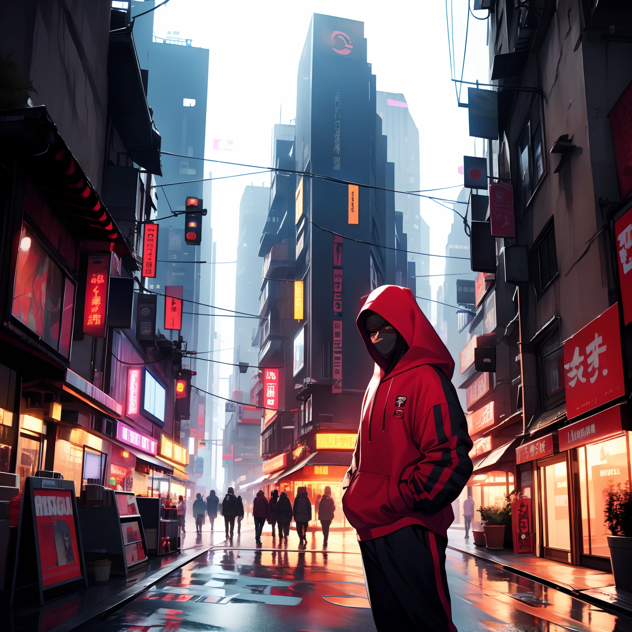 there is a man standing in the middle of a city street, cyberpunk streets in japan, em cyberpunk city, em uma cidade cyberpunk, em uma cidade cyberpunk futurista, Cyberpunk Rua Goon, Rua Cyberpunk, em uma cidade cyberpunk, em uma cidade cyberpunk, Cyberpunk Streetwear, futuristic cyberpunk tokyo night, arte digital do anime cyberpunk, rua da cidade cyberpunk, Garota de anime cyberpunk com capuz
