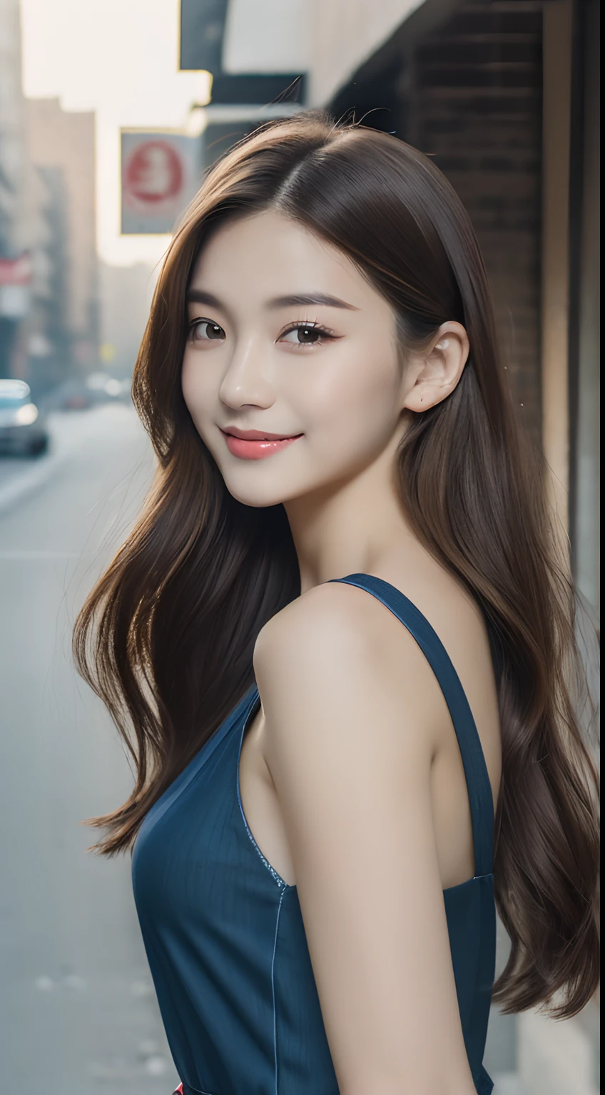 ((Best quality, 8k, Masterpiece :1.3)), 1girl, smiling, full body, slim face, Pretty woman, (Dark brown hair), full length dress :1.1, Ultra-detailed face, Detailed eyes, Double eyelid, blur background, slim face, city, outside, street,