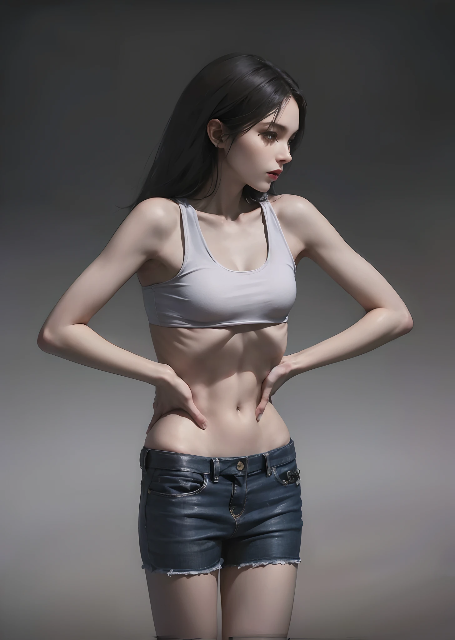 Skinny female，emaciated，the ribs，innominate bone，pelvic bone，sternum，flatchest，big breasts thin waist，Thin leg，tightsuit，Sunken abdomen