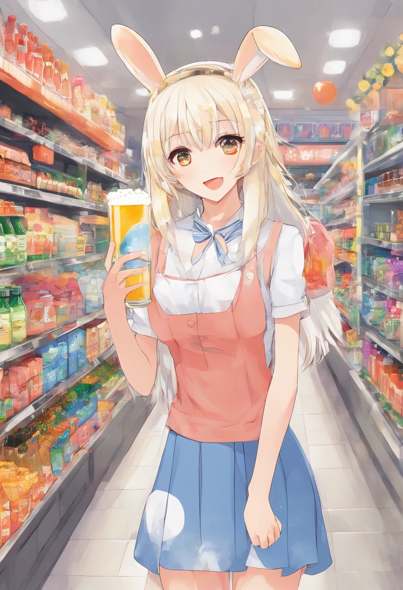 (Best quality, A high resolution, Masterpiece:1.2), Anime girls in stores, holding beer, White ankle socks, Yellow shoes, Crop top, Long white hair, Yellow eyes, Playful expression, Lively, winking, Rabbit fur accessories, Moon-themed costumes, In a convenience store, Anime style