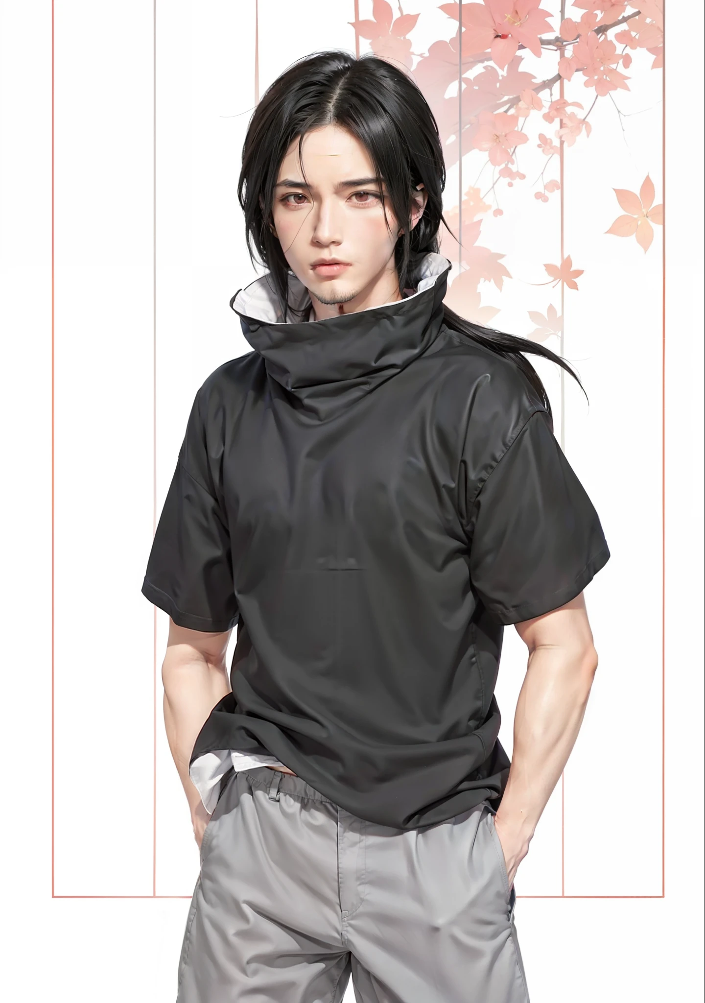 1man, uchiha itachi in anime naruto, long hair , black hair, red eyes, handsome, grey clothes, realistic clothes, detail clothes, outdoor background, ultra detail, realistic