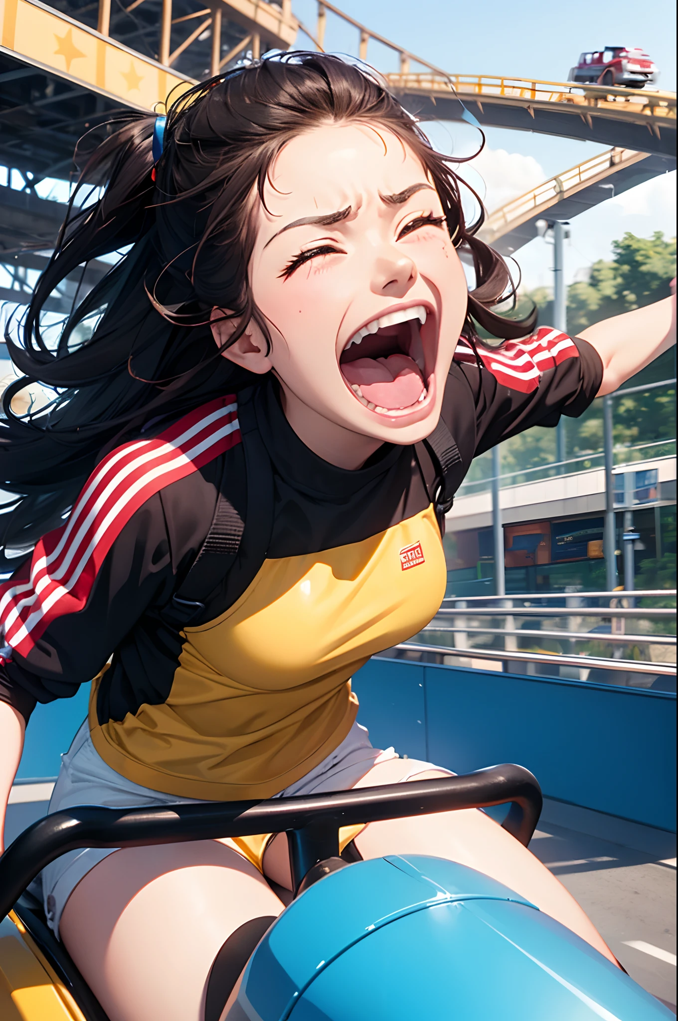 Girl riding a roller coaster and screaming