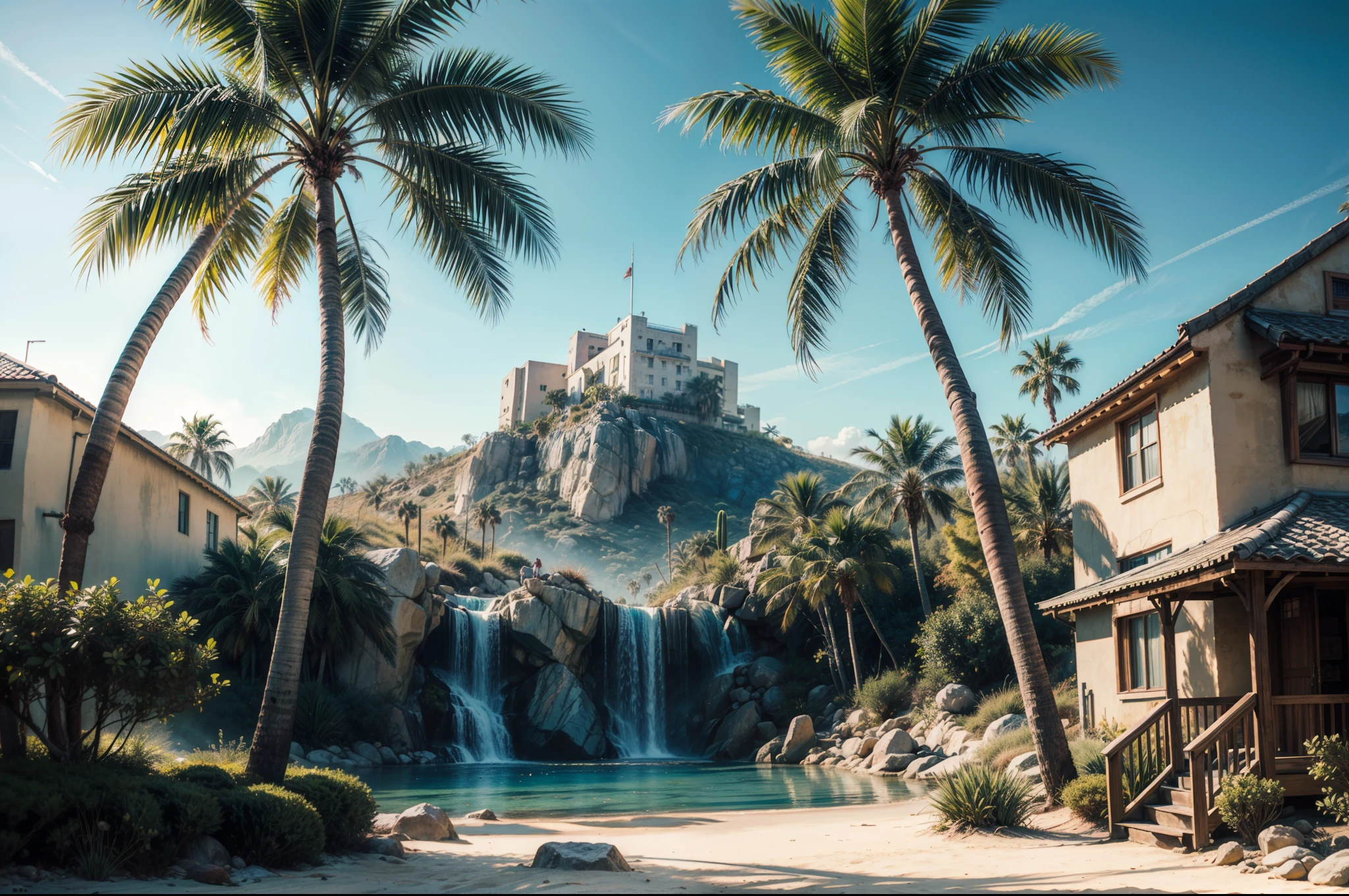Palm Tree desert island, beautiful deset island, palm trees desert island, artificial waterfall, realistic detailed portrait, AMD FidelityFX Super resolution 3, day light effects, cinematic day light, ocean, masterpiece collection award winning artwork, official art,